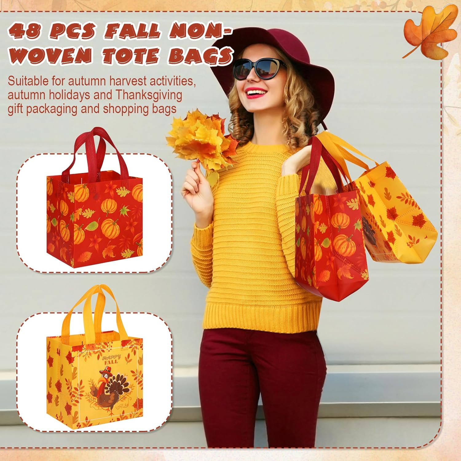 Sanwuta 48 Pcs Fall Thanksgiving Non Woven Tote Bags with Handles, Waterproof Autumn Goodie Pumpkin Tote, Thanksgiving Party Favor - Image 6