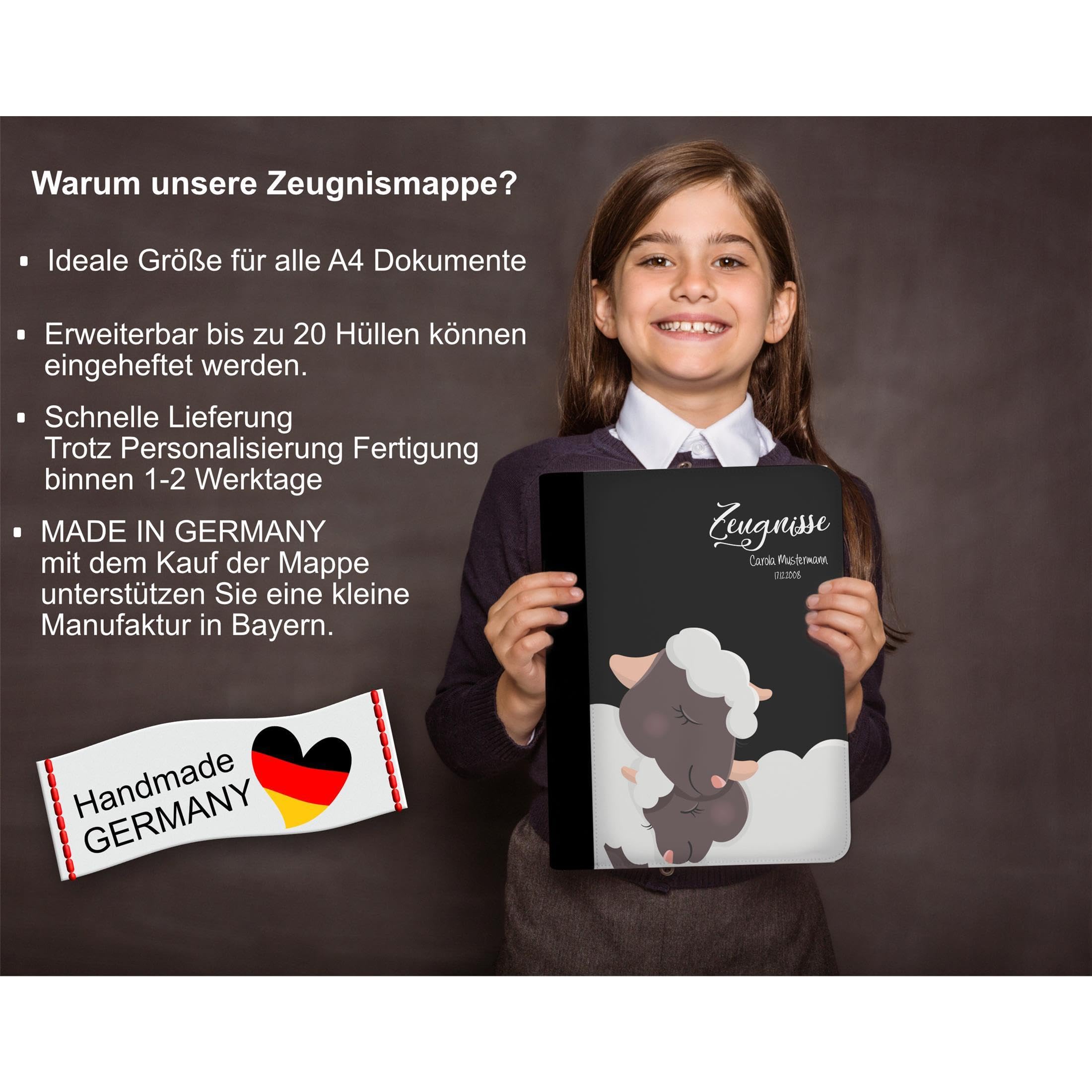 Zeugnismappe A4 mit Namen personalisiert – Schaf verliebt Schwarz – für Mädchen – Dokumentenmappe Schule ohne Klarsichthüllen