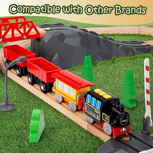 Miniatura 5 de Juego de tren de locomotora a pilas para vías de tren de madera, juguetes de tren eléctrico para niños pequeños, conexión magnética, potente juego