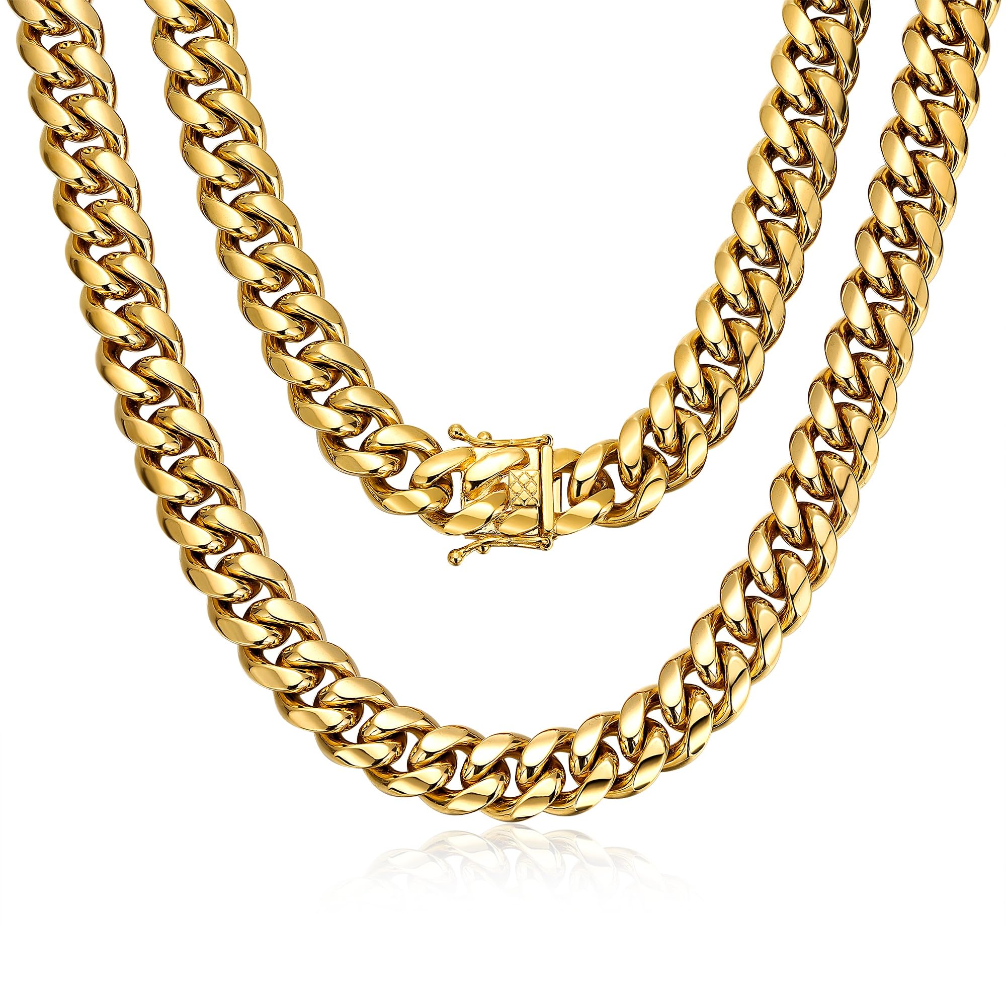 ROWIN&CO Men Sturdy Miami Cuban Chain Necklace, 15mm, 18" 20" 22" 24" 26" 30" 35" Length, 18K Real Gold 316L Stainless Steel (Send Box).