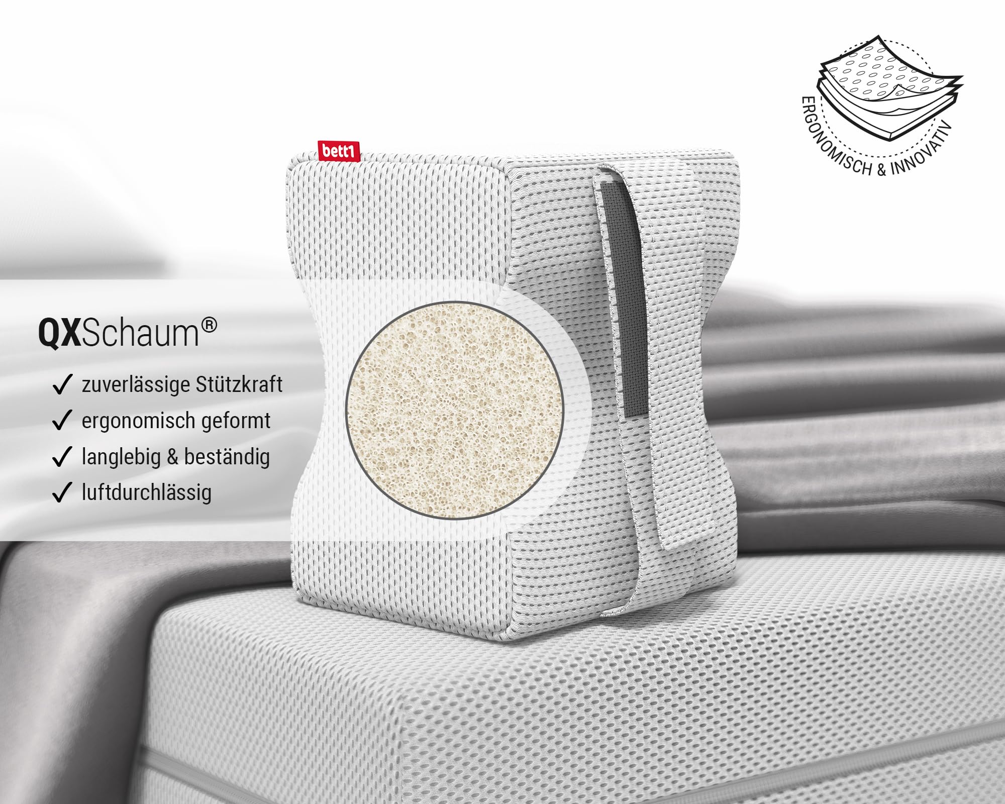 bett1 Bodyguard Kniekissen (angenehmes Liegen in Seitenlage, lässt Knie entspant übereinander liegen, fixierbar mir Halteschlaufe, Bezug waschbar bis 60 °C)