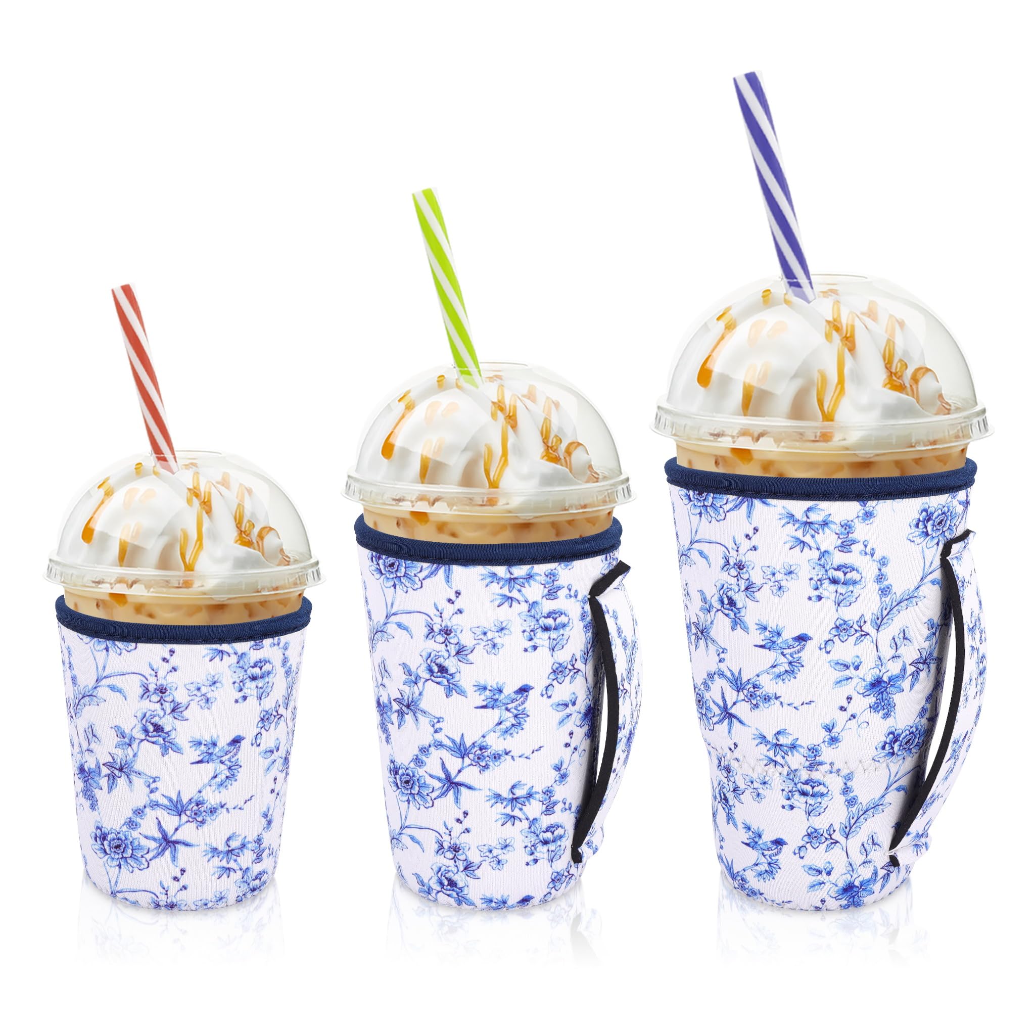 Iced Coffee Sleeve Insulator Sleeves for Cold Drinks Beverages, 3 Pack Reusable Neoprene Cup Sleeve with Handle for 16-32oz Coffee cups(Abstract Floral China)