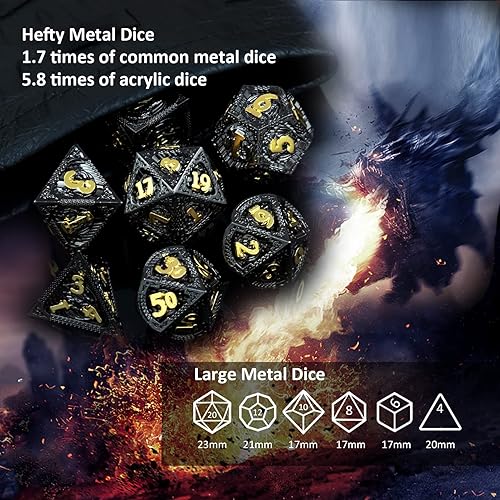 Miniatura 6 de Haxtec Juego de dados DND de metal negro dorado DD con elementos de dragón que respiran fuego y bolsa de dados de cuero dados poliédricos para