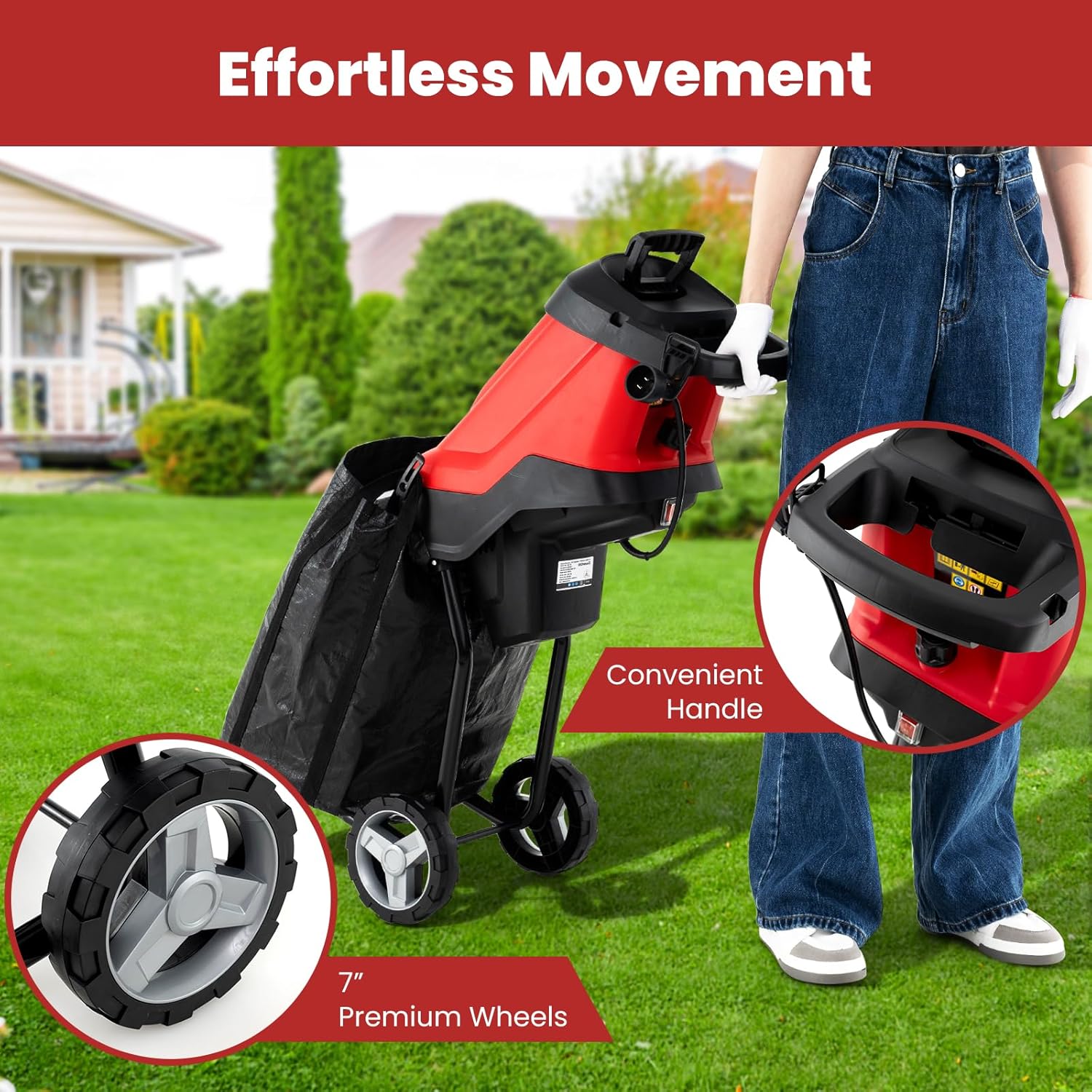 15 Amp Electric Wood Chipper Shredder, Corded Wood Mulcher Shredder with Plunger, Collection Bag & 15:1 Reduction, Garden Shredder with Wheels for Branches, Leaves, Waste(Red)