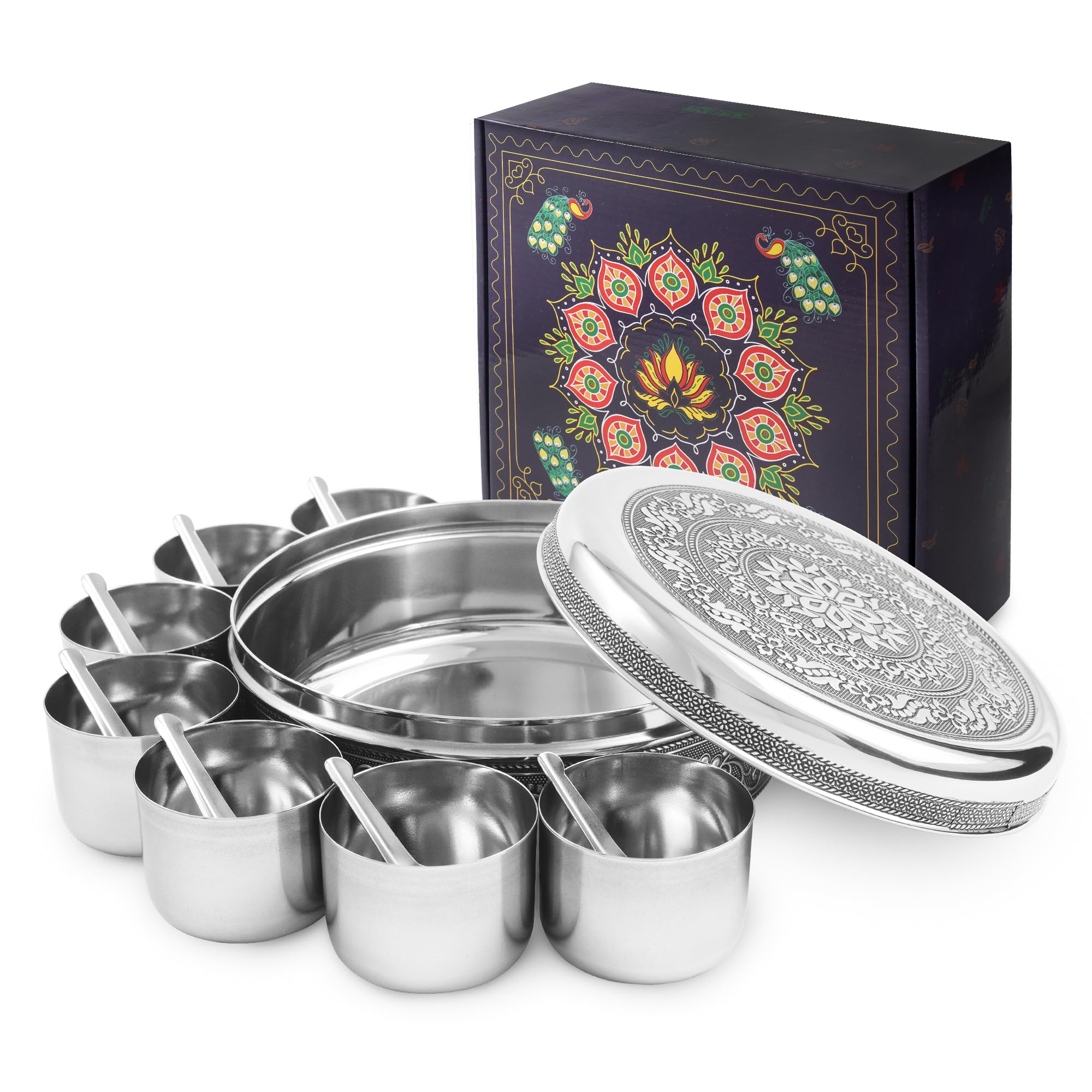 KSJONE Masala Dabba Design – Boîte à épices indienne en acier inoxydable de 8 pouces, avec 7 compartiments individuels, cuillères de service et couvercle – Organiseur d'épices poli miroir