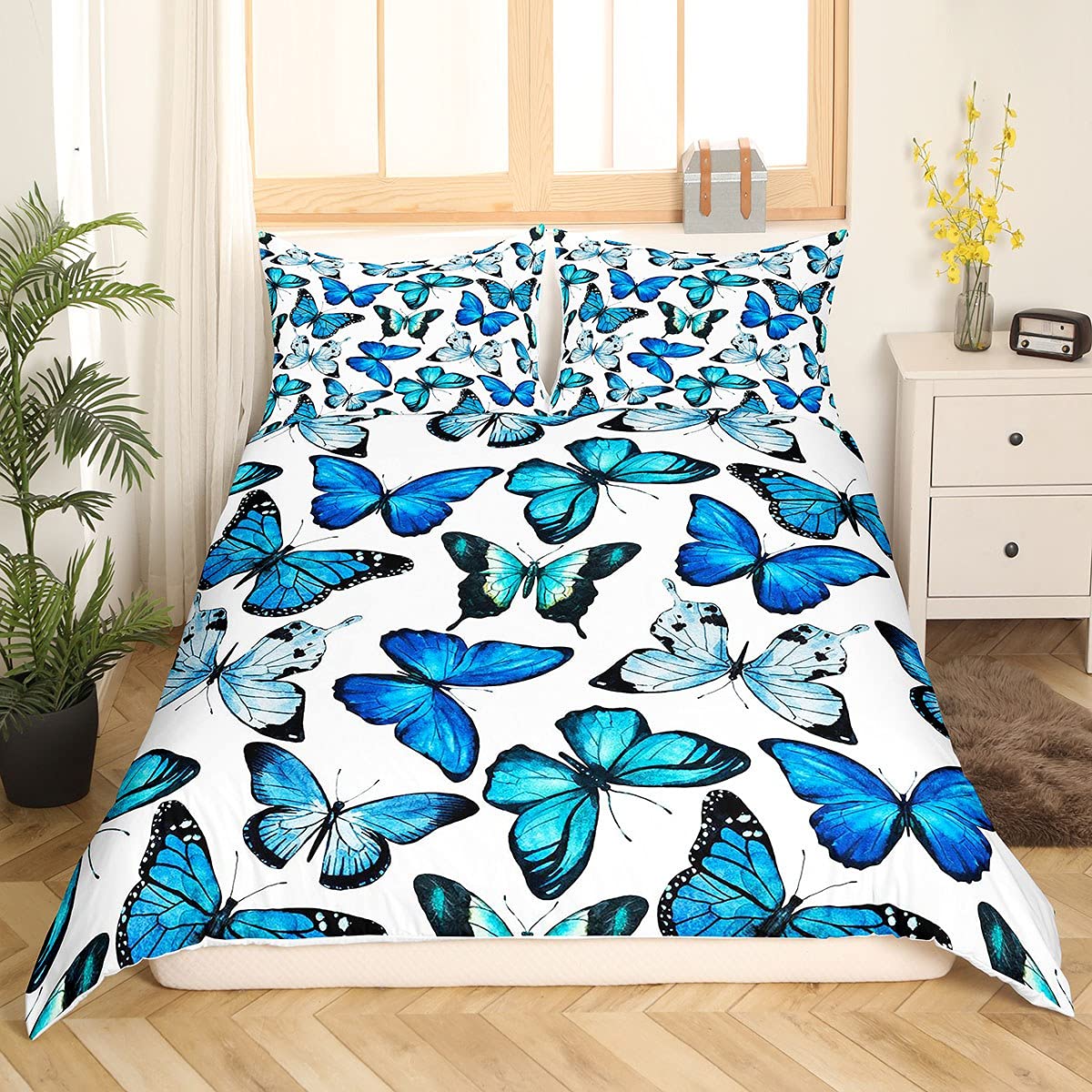 Loussiesd Butterfly Bedding Duvet Cover Set Girls Luxury Blue Butterflies Bedding Set Teens Women Flying Animal Comforter Cover Set Nature Garden Bedding & Linen Bedroom Bedclothes Single Size