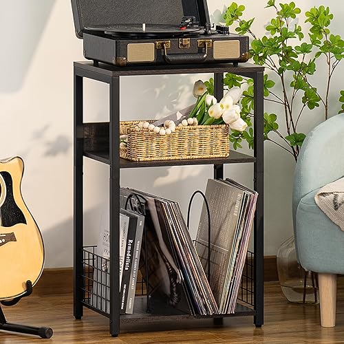 LELELINKY Mesa auxiliar de granja, soporte para tocadiscos de 3 niveles con almacenamiento de hasta 100 álbumes, soporte para tocadiscos, color gris