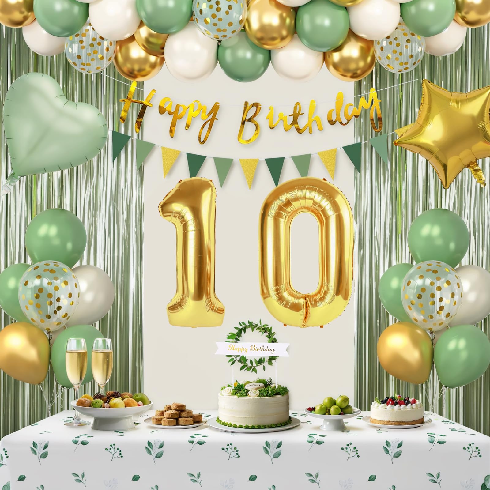Sage Green 10th Birthday Decorations for Girls, Happy 10th Birthday Decorations for Her Green Gold Balloons Foil Balloons Happy Birthday Banner Olive