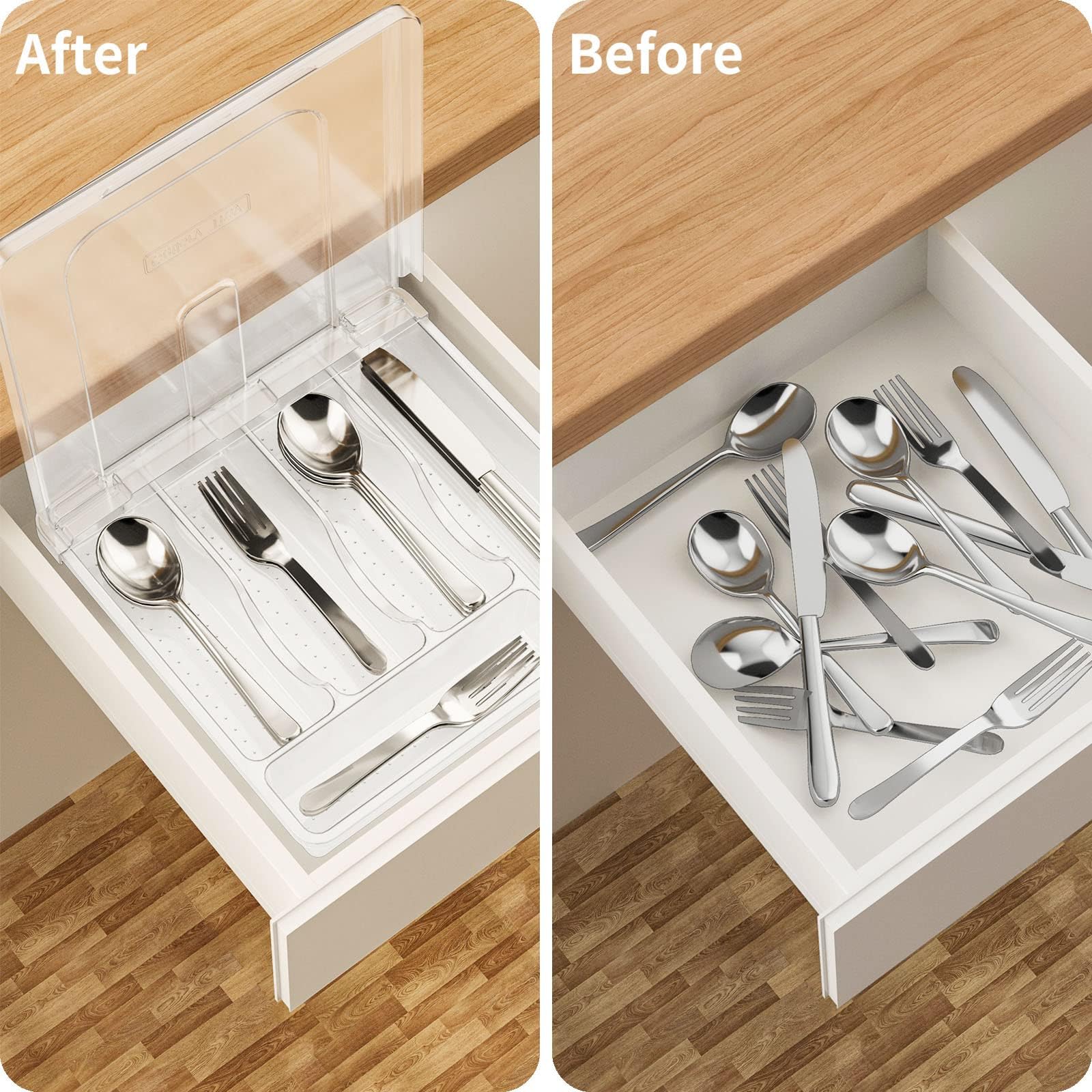 Porte-couverts Mural Avec Couvercle – Organisateur Cuillères, Fourchettes, Ustensiles – Blanc, Compact Pour Cuisine