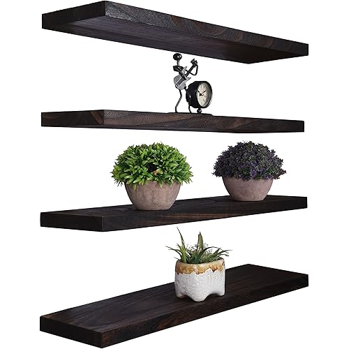 Wood Floating Shelves for Wall Decor, Rustic Wall Shelves for Bedroom Bathroom Kitchen Living Room, Set of 4 Walnut 24 Inch