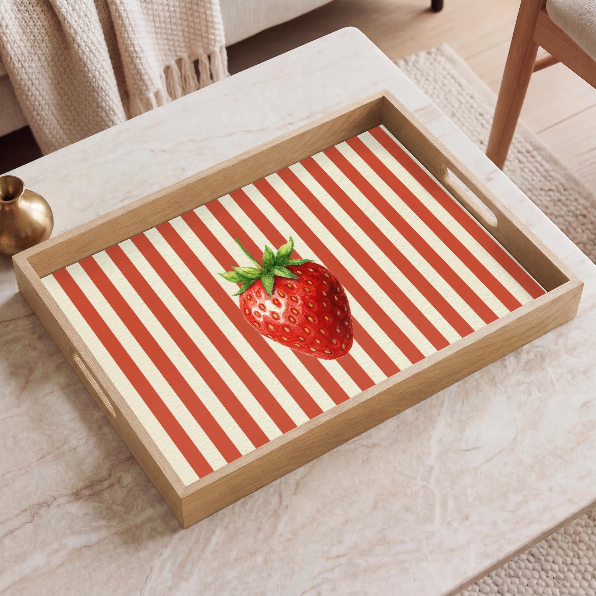 Holztablett Rechteckig 50x35 cm Küchentablett Servier Tablett Eiche Serviertablett Holz Servierplatte Mit Henkel Tray Kaffeetablett Erdbeere - Streifen - Rot
