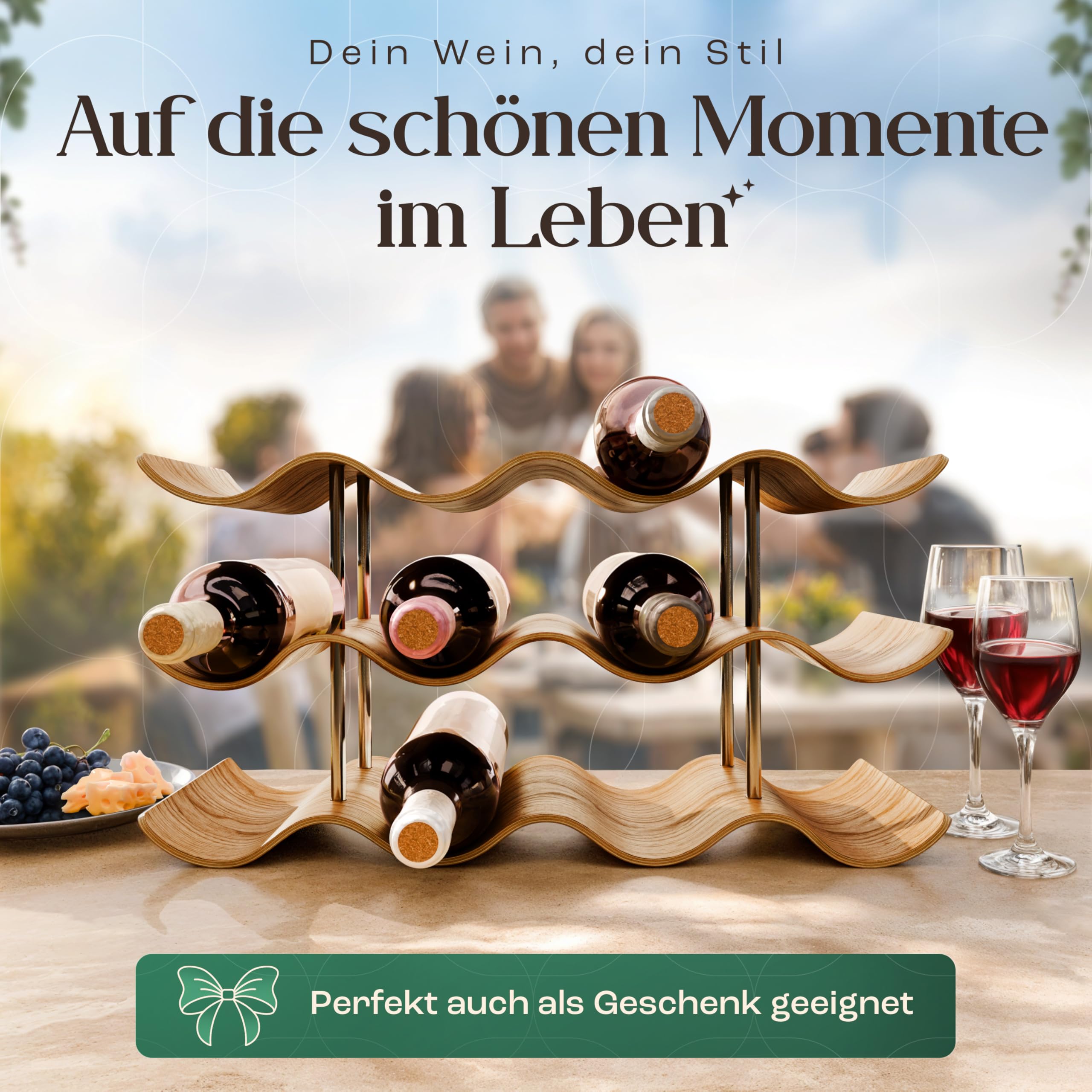 Dreiklang – be smart Weinregal Flaschenregal aus Holz für 12 Flaschen, stabil, Freistehend, modern, dekorativ, Platzsparend klein & schmal, 3 Ebenen (41,5 x 22,5 x 15,5 cm)