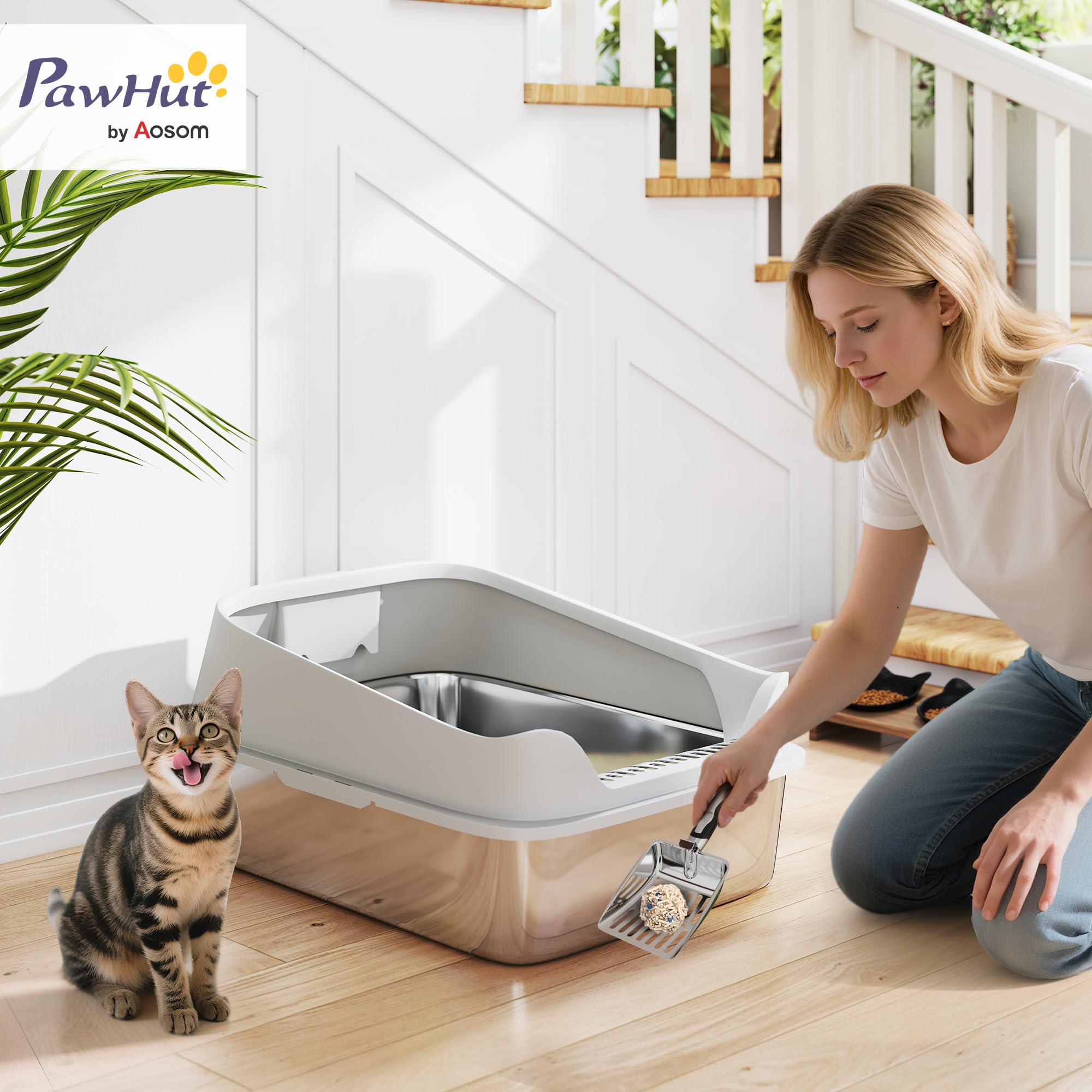 PawHut Arenero para Gatos de Acero Inoxidable XXL 69,8x50,3x29,8 cm Gris | Caja de Arena para Gatos, Arenero con Borde Alto, Pala Metálica, Fácil de Limpiar, Prueba de Fugas