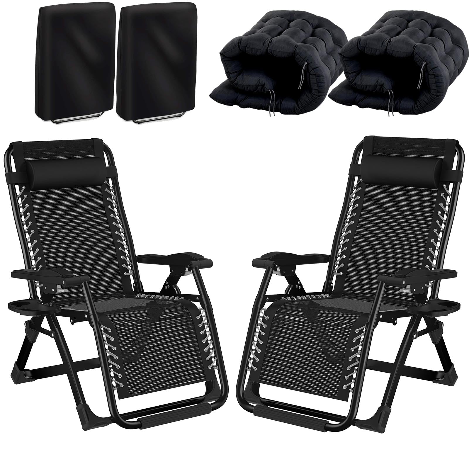 Fiutazge 2Pcs 83cm Ultra Ancho Tumbonas Jardin Exterior, Tumbona Plegable con Cojín Acolchado, Reposacabeza ExtraíBle y Portavasos, Funda Sillas Jardin, para Tomar el Sol en la Playa, Negro