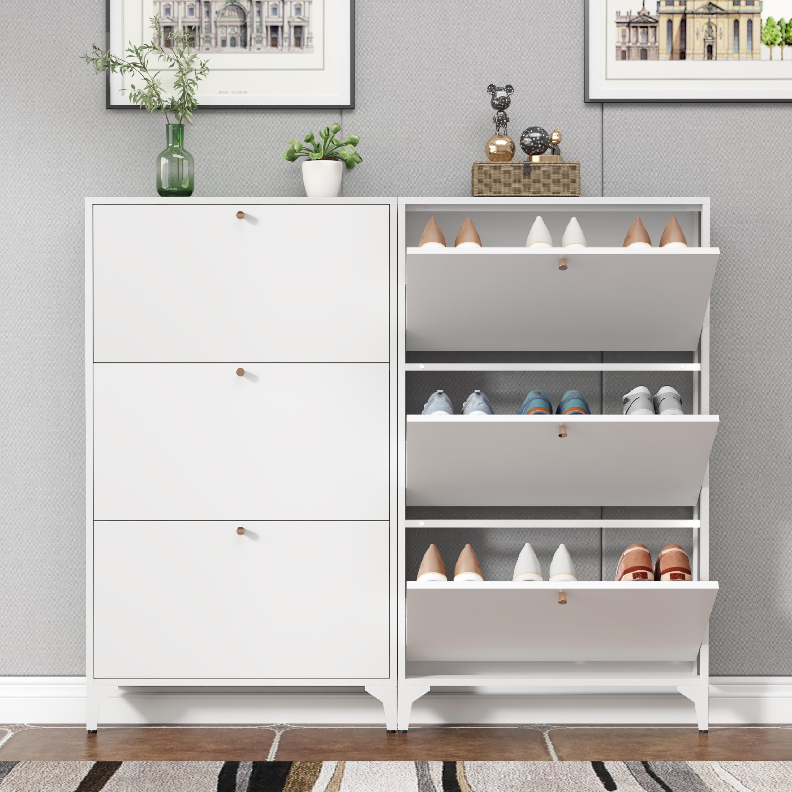Schuhschrank mit 3 Klappschubladen, schmaler Schuhaufbewahrungsschrank, Bauernhaus-Schuh-Organizer, freistehender Organizer mit Metallbeinen für Eingang, Foyer, Flur, Weiß