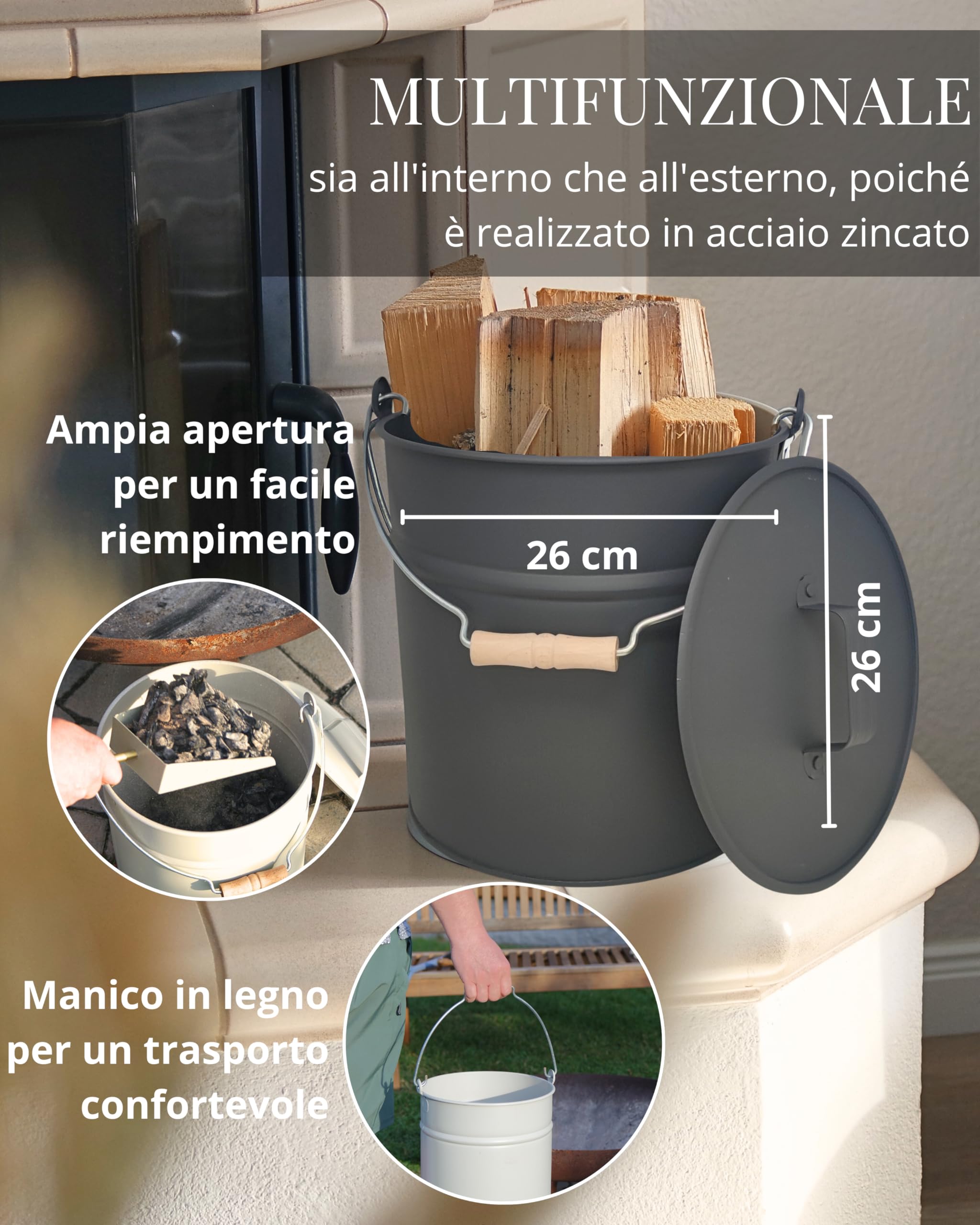 LIVLIG Secchio con coperchio, 12 l, secchio di zinco, secchio per cenere con coperchio, secchio in metallo, accessori per camino, secchio in lamiera, antracite