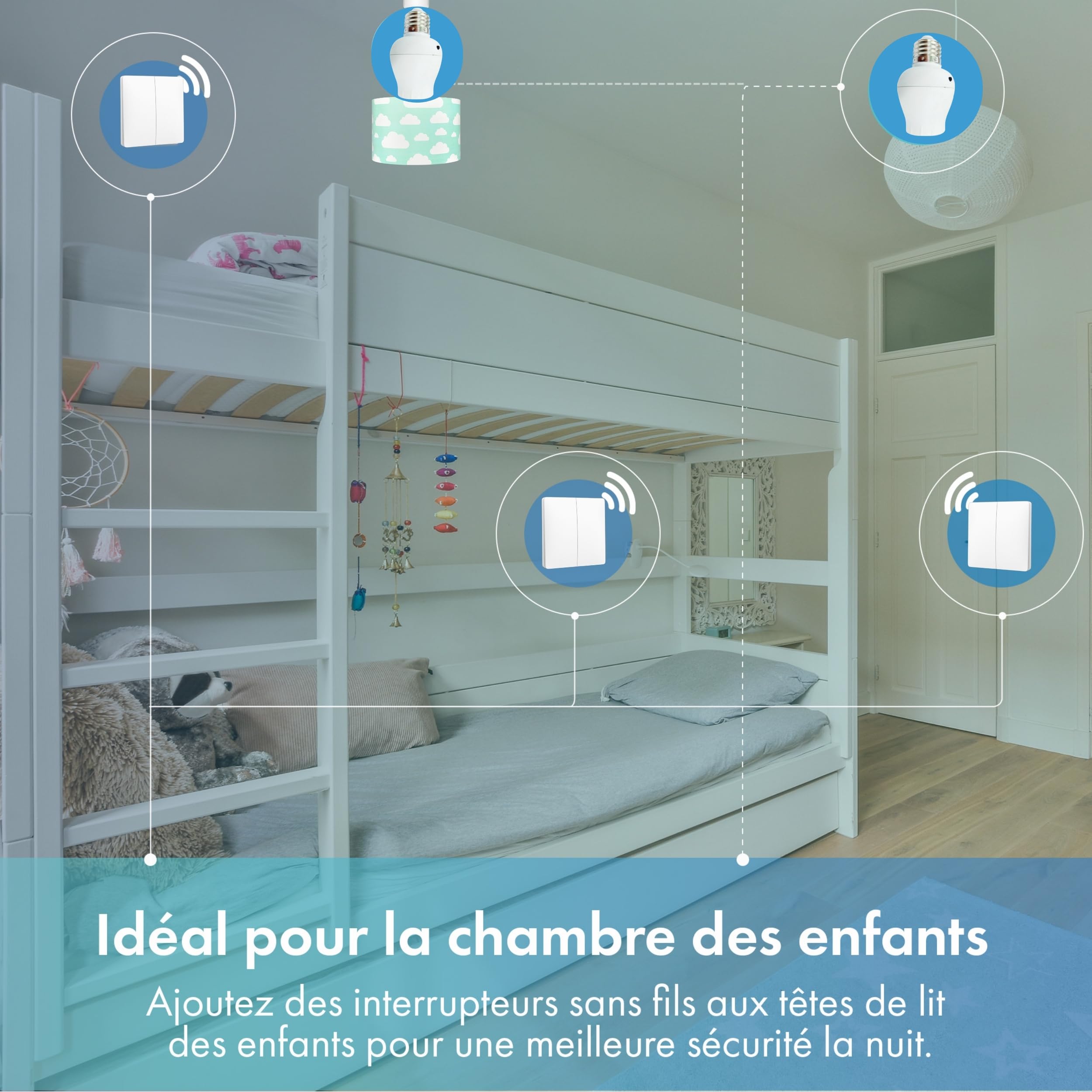 Interrupteur sans fil et sans pile Auto alimenté - Écologique - Qualité Pro - Va et vient RF 4 télécommandes double allumage + 2 douilles adptateur radios à vis E27