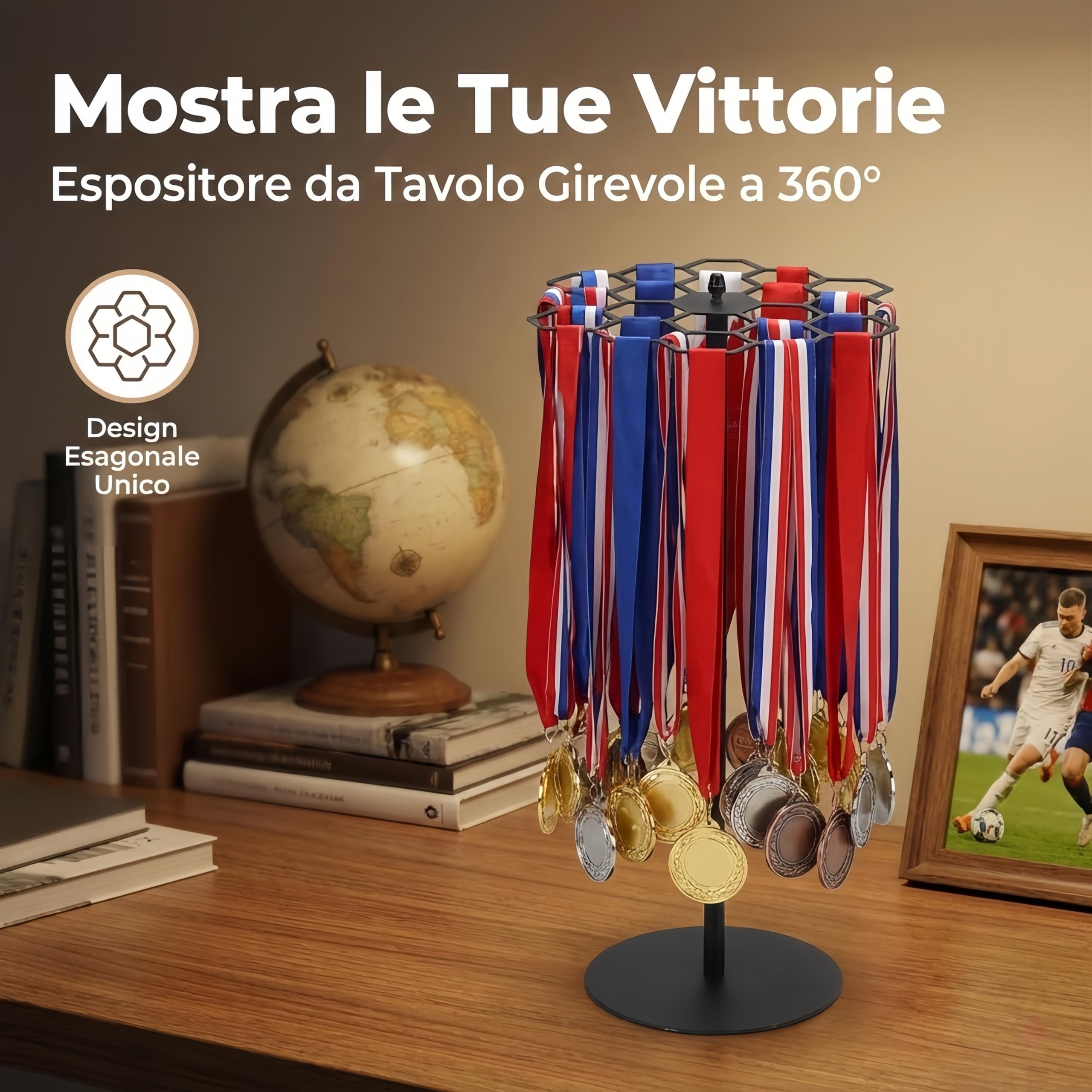Espositore per Medaglie Girevole a 360°, Porta Medaglie da Tavolo in Acciaio al Carbonio per Basket Corsa Gare Sportive, Robusto e Facile da Montare (Oltre 45 Medaglie)