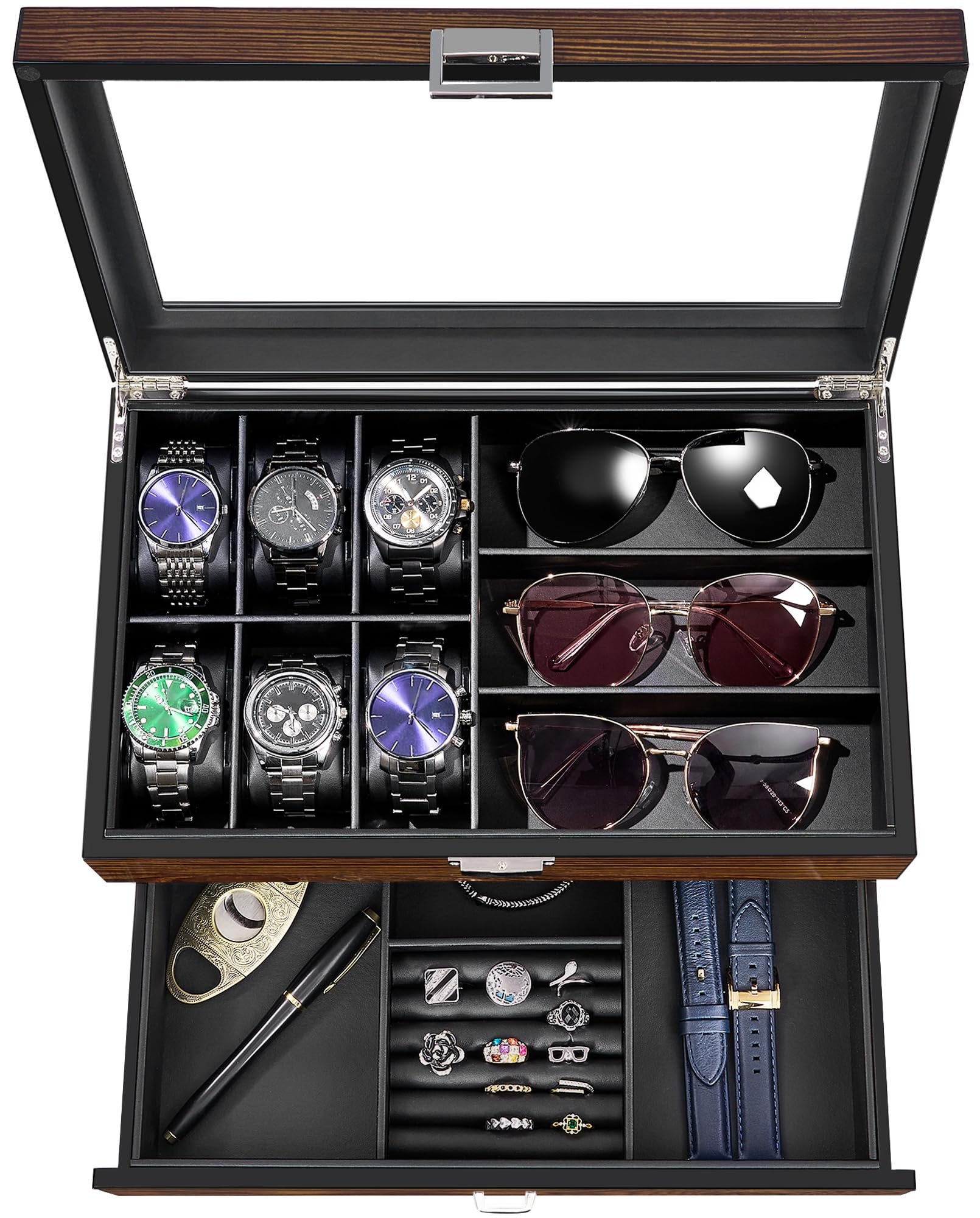 BEWISHOME Watch Box Watch Case Jewelry Organizer Sunglass Organizer with Valet Drawer, Watch Organizer for Men Women,Smooth Faux Leather Interior, Brown SSH32Y