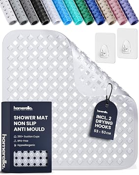 homerella  Shower Mat Non Slip Anti Mould 53 x 53 cm, INCL. Hooks for Drying, Bath Mat Non Slip Anti Mould, Shower Mats for Inside Shower, BPA-Free and Machine Washable for Children and Elderly