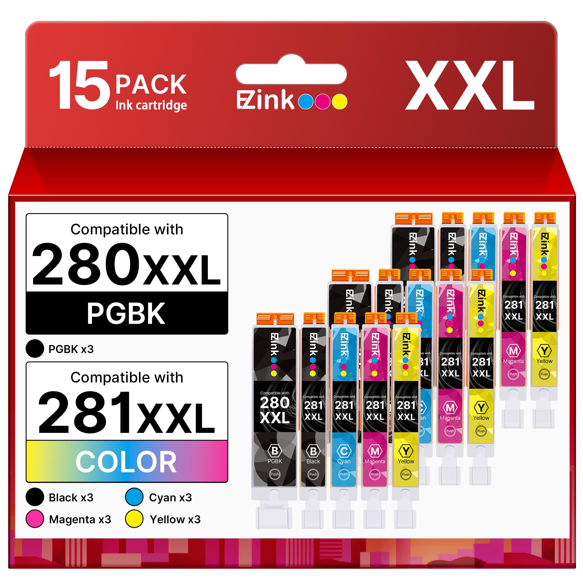 15 Pack E-Z Ink for Canon Printer Ink 280 281 Cartridge 280XL Replacement for Canon 281 XXL PGI-280XXL CLI-281XXL with PIXMA TR7520 TR8520 TS6120 TS6220 TS6320 TS8120 TS8220 TS9120 TS9520 Printer