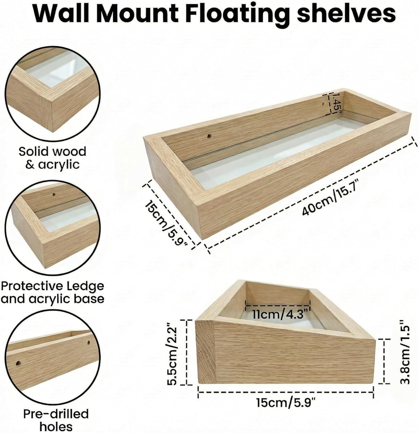 Floating Shelves Set of 2, Wall Mounted Wood and Acrylic Shelves for Bathroom Storage Decor, Bedroom Kitchen Living Room