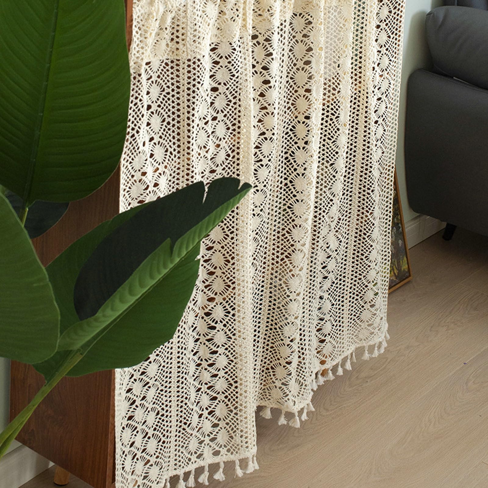 Epinki Zazdrostki i krótkie zasłony łazienkowe, beżowe, półprzezroczyste, styl vintage, boho, kwiatowy wzór z frędzlami, poliester, bawełna, zasłona woalowa, 1 sztuka, 150 x 120 cm (szer. x wys.)