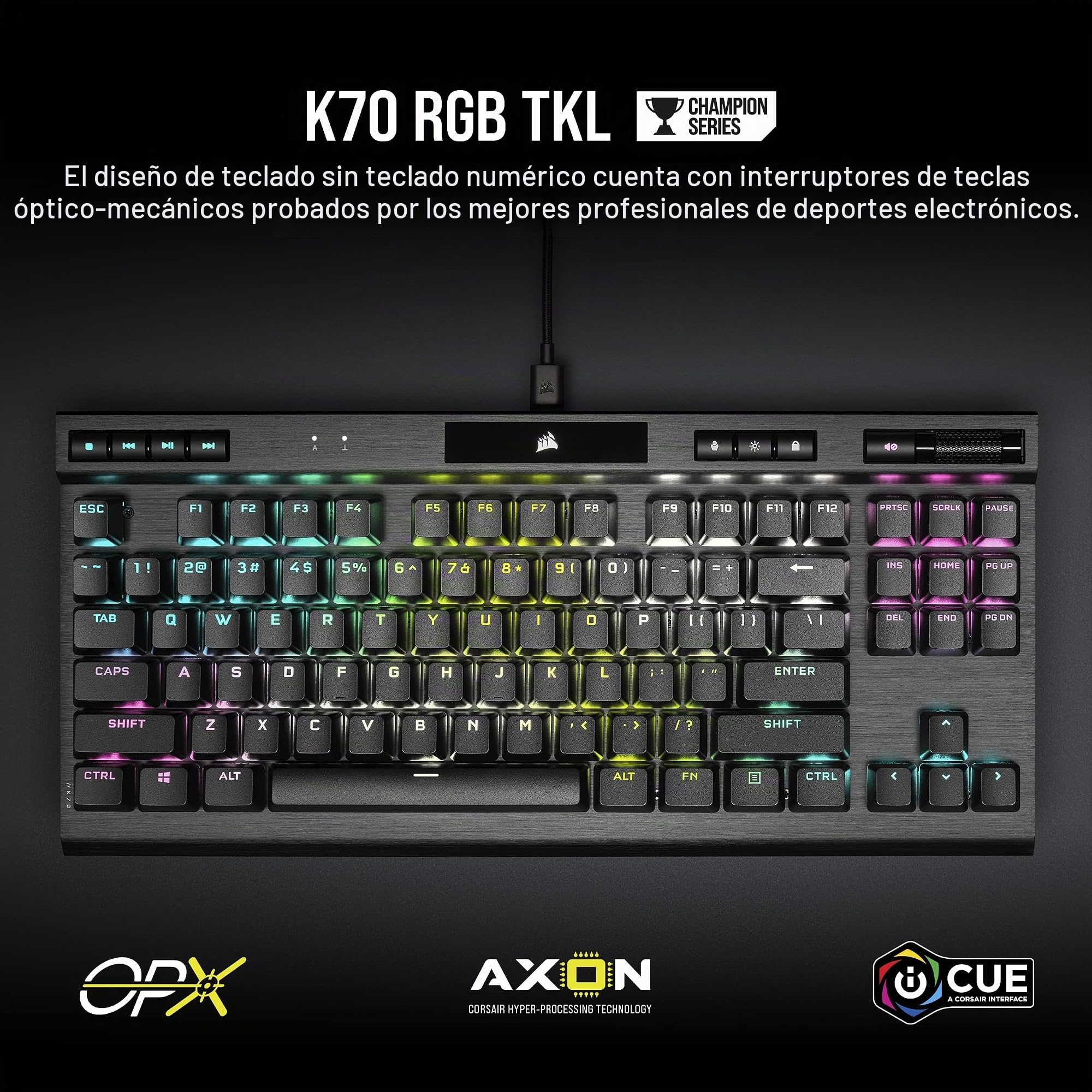 Corsair K70 RGB TKL CHAMPION SERIES Teclado para Juegos con Cable Mecánico-Óptico sin Teclas - Interruptores OPX - Teclados PBT Double-Shot - Compatible con iCUE - QWERTY ES - Negro