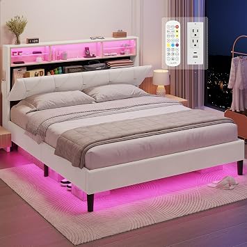 HAUOMS إطار سرير كوين مع لوح رأس للتخزين وأضواء LED RGB ، منصة Velet Upholstered Platform Bed Frame Queen Size with Type-C & USB Charging Station، Stable Easy Assembly، Creamy White