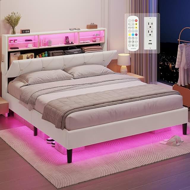 HAUOMS Full Size Bed Frame with Storage Headboard