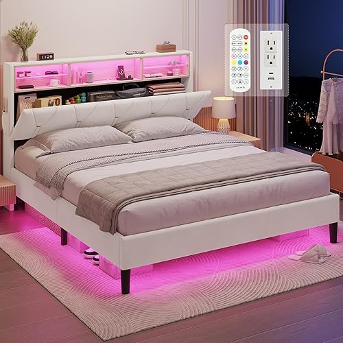 HAUOMS Queen Bed Frame with Storage Headboard and RGB LED Lights, Velet Upholstered Platform Bed Frame Queen Size with Type-C & USB Charging Station, Stable Easy Assembly,Creamy White - Creamy White-Velvet Fabric - Queen