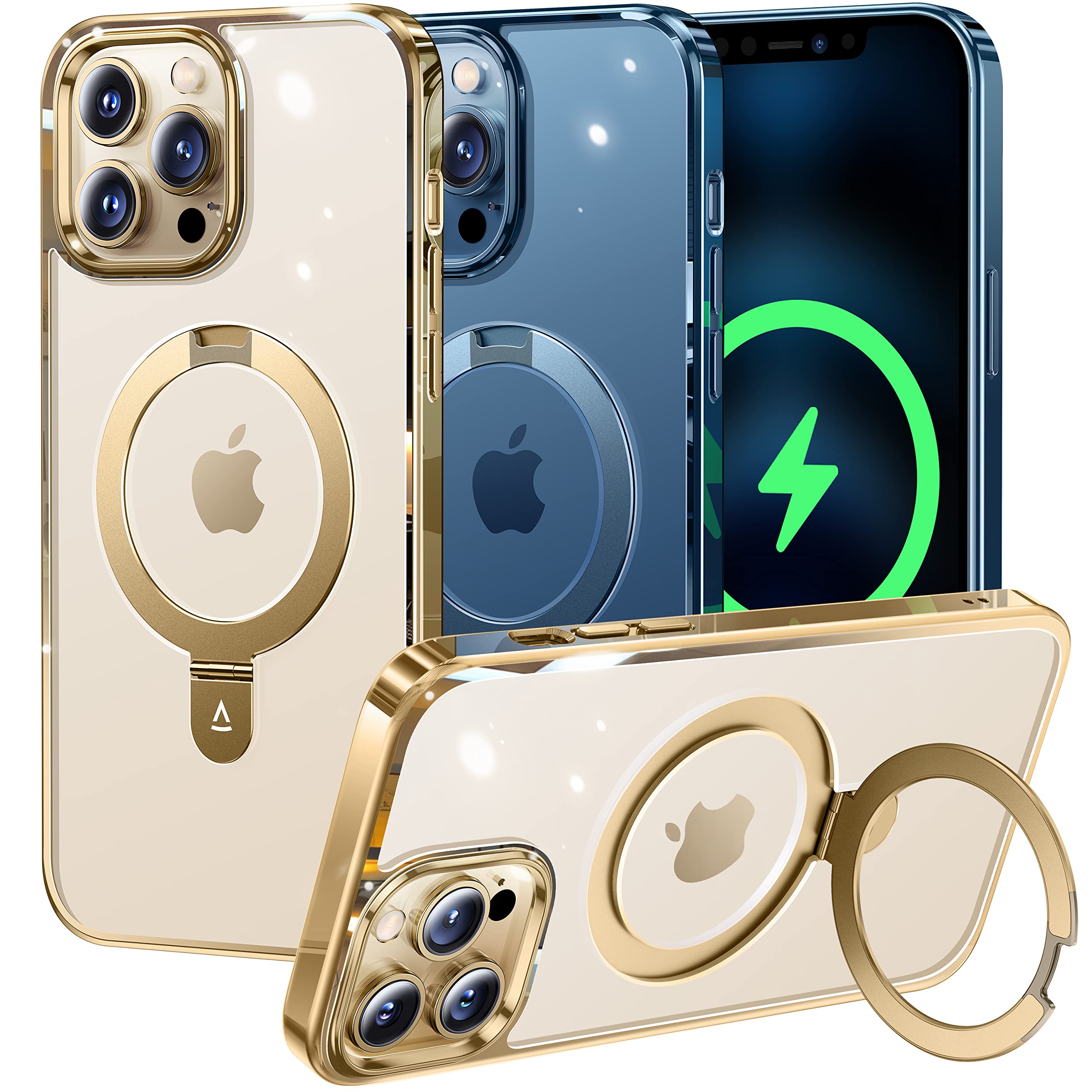 AlphexInvisible Stand Magnetic Case for iPhone 12 Pro Max, Official Color Match for iPhone, Compatible with MagSafe, Military Grade Shockproof Phone Cover Ring Holder Women 6.7 inch, Gold