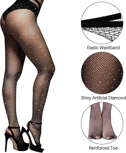 Miniatura 3 de URATOT Paquete de 3 medias de malla para mujer con diamantes de imitación de talla grande