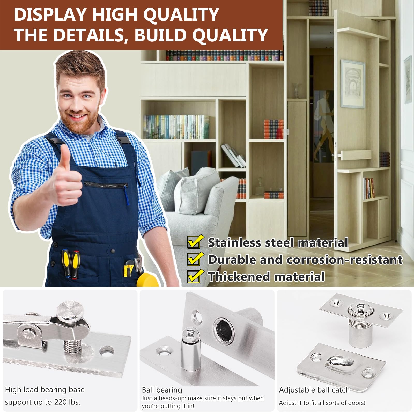 HBL' Heavy Duty Pivot Hinge Set including Door Ball Catch Hidden Hinge for Secret Door with 360 Degree Rotation - Image 3
