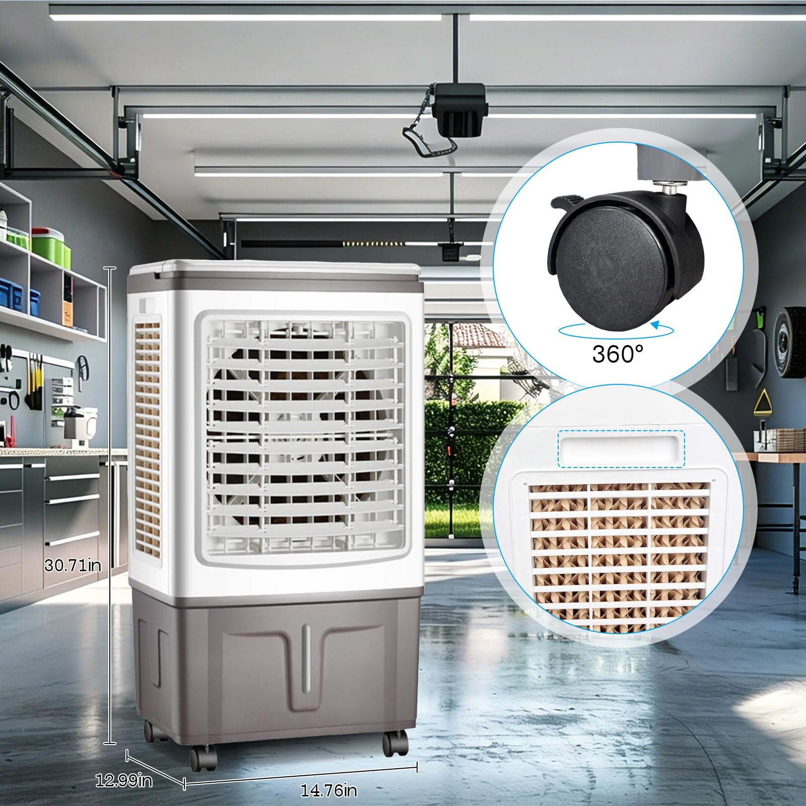 Climatizador Evaporativo 30L, 3000 m³/h Gran Caudal de Aire, 3 Velocidades y Oscilación, Temporizador 7.5H, con Mando a Distancia y 2 Bloques de Hielo para Salones Amplios, Jardines y Terrazas