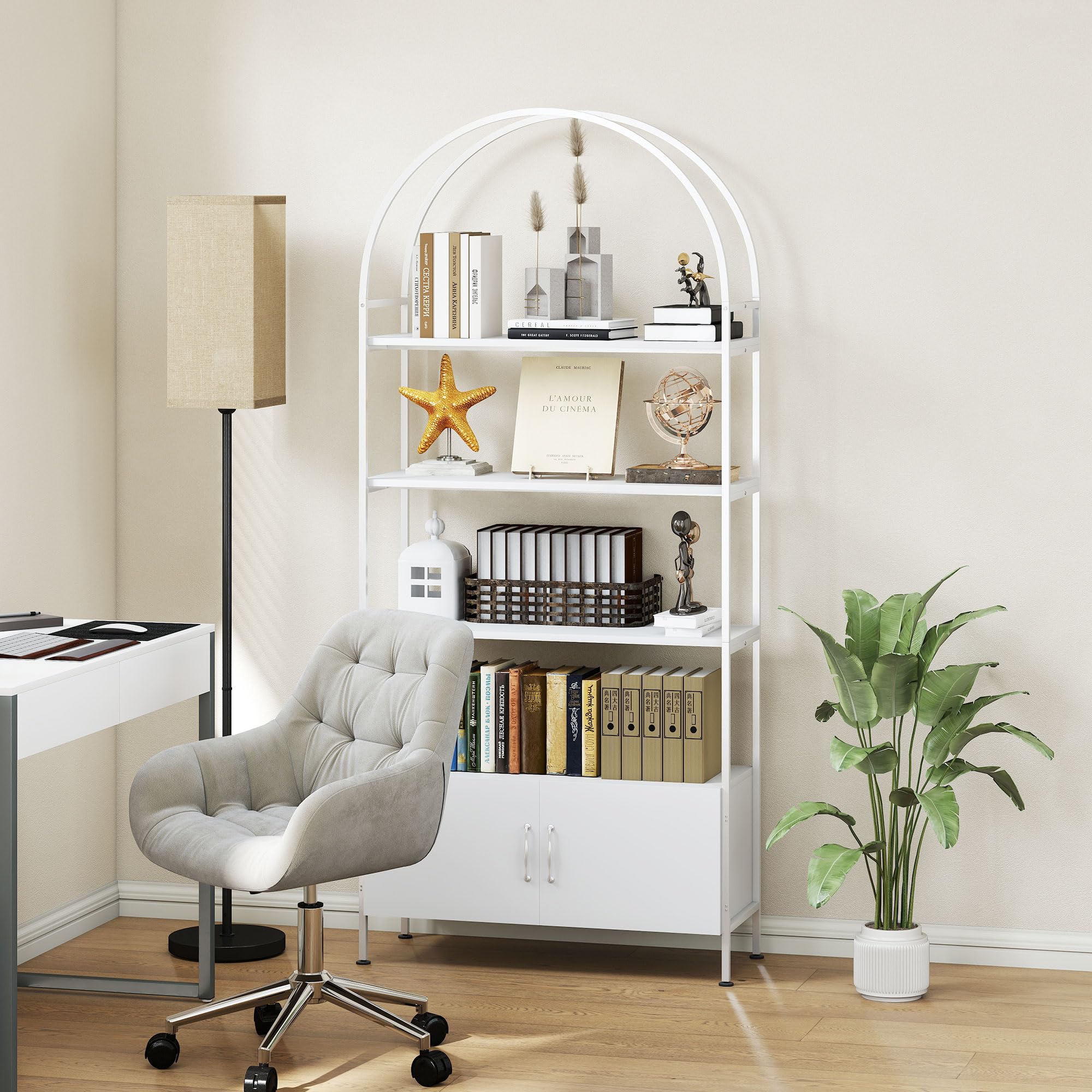 HOMCOM Aufbewahrungsregal, geschwungene Bibliothek auf 4 Ebenen mit zweitürigem Schrank, verstellbare Kufen, Stahlstruktur, für Büro, Wohnzimmer, Schlafzimmer, 80 x 30 x 187 cm, weiß | 4 Ebenen, Schrank mit Doppeltür, verstellbare Kufen, Struktur aus Stah