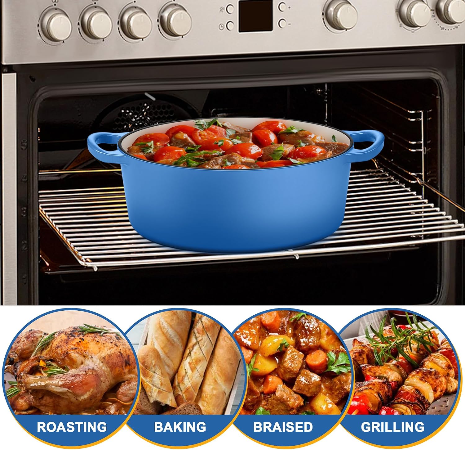 E-far 5QT Oval Dutch Oven Pot with Lid, Blue Enameled Cast Iron Dutch Oven