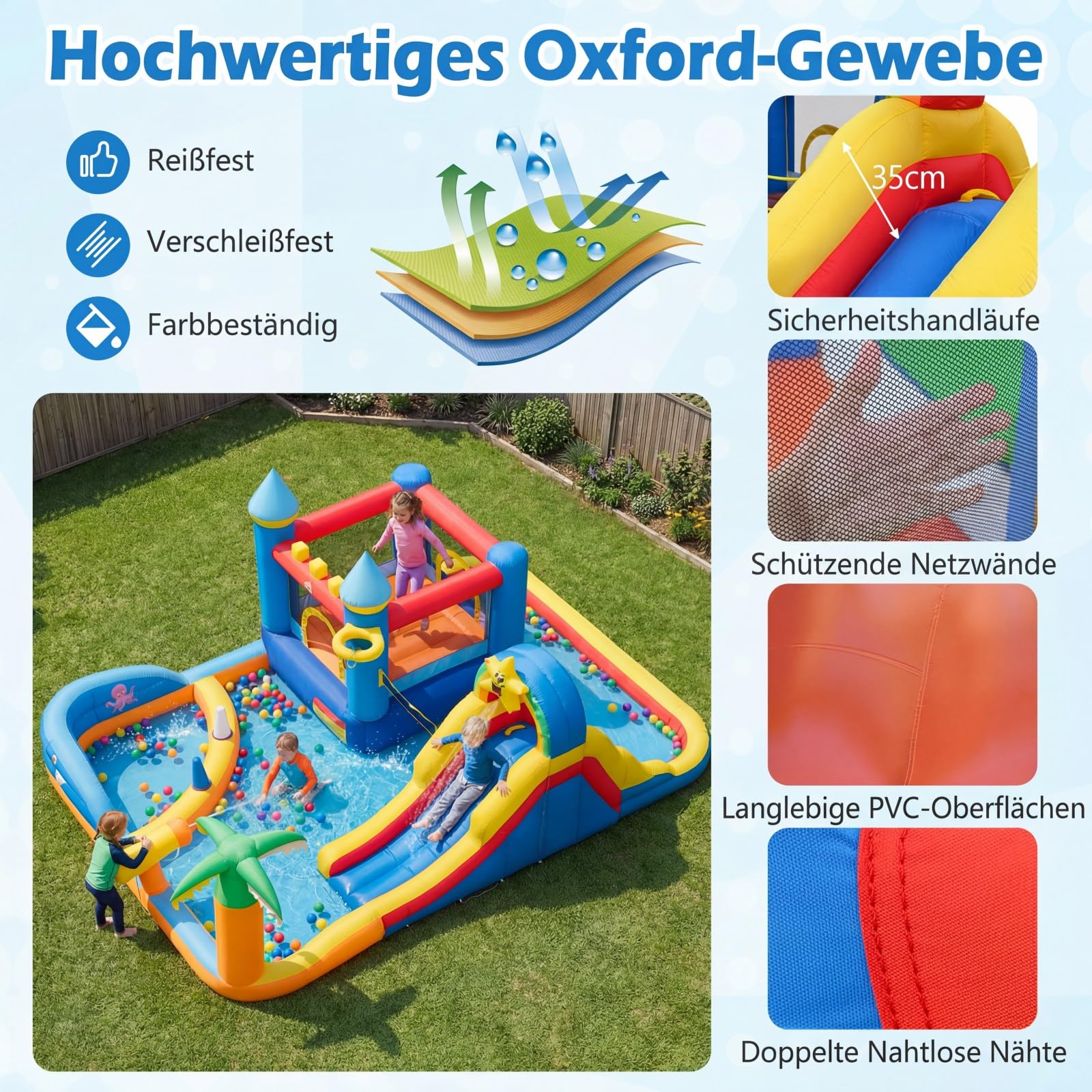 COSTWAY Hüpfburg mit Wasserrutsche, Kletterwand, Sprungbereich, Bällebad, Ringwurfspiel, Wasserkanone, Fußball, Basketball & Volleyball, Wasserhüpfburg für Kinder, Wasserpark für Außenbereich