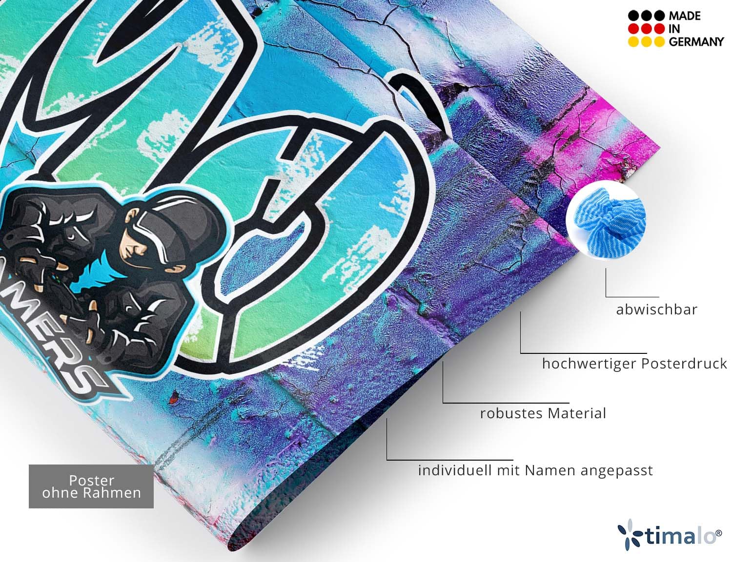 timalo® Cooles Graffiti Bild mit Namen | Modernes Wandposter für Jungs und Mädchen Teenager Kinderzimmer Wandbild Mauer schwarz-weiss Zimmer Poster personalisiert | gamer13-B180xH61cm-new