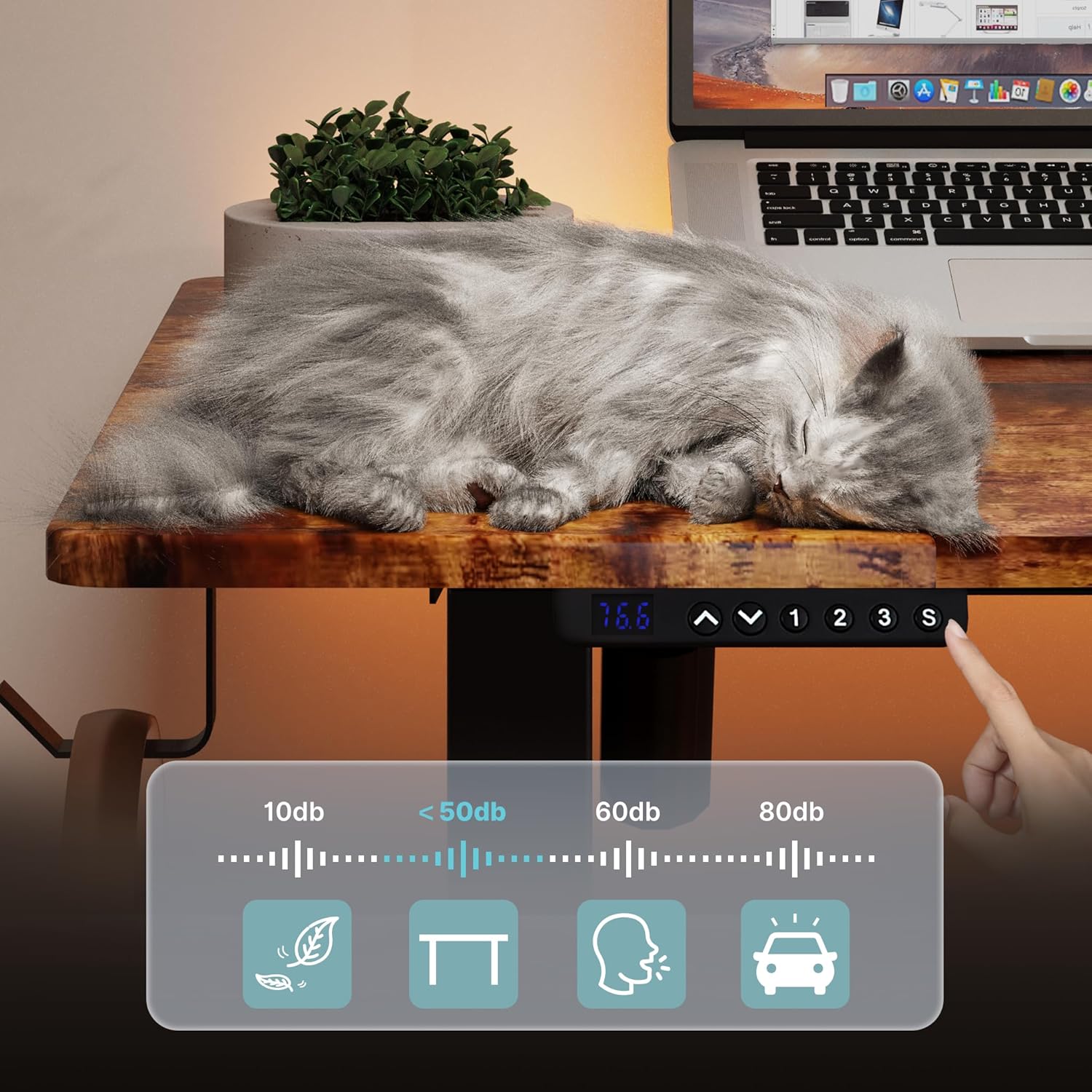 Image showing a cat sleeping peacefully on the desk, with an overlay indicating the desk's quiet operation at less than 50 decibels.
