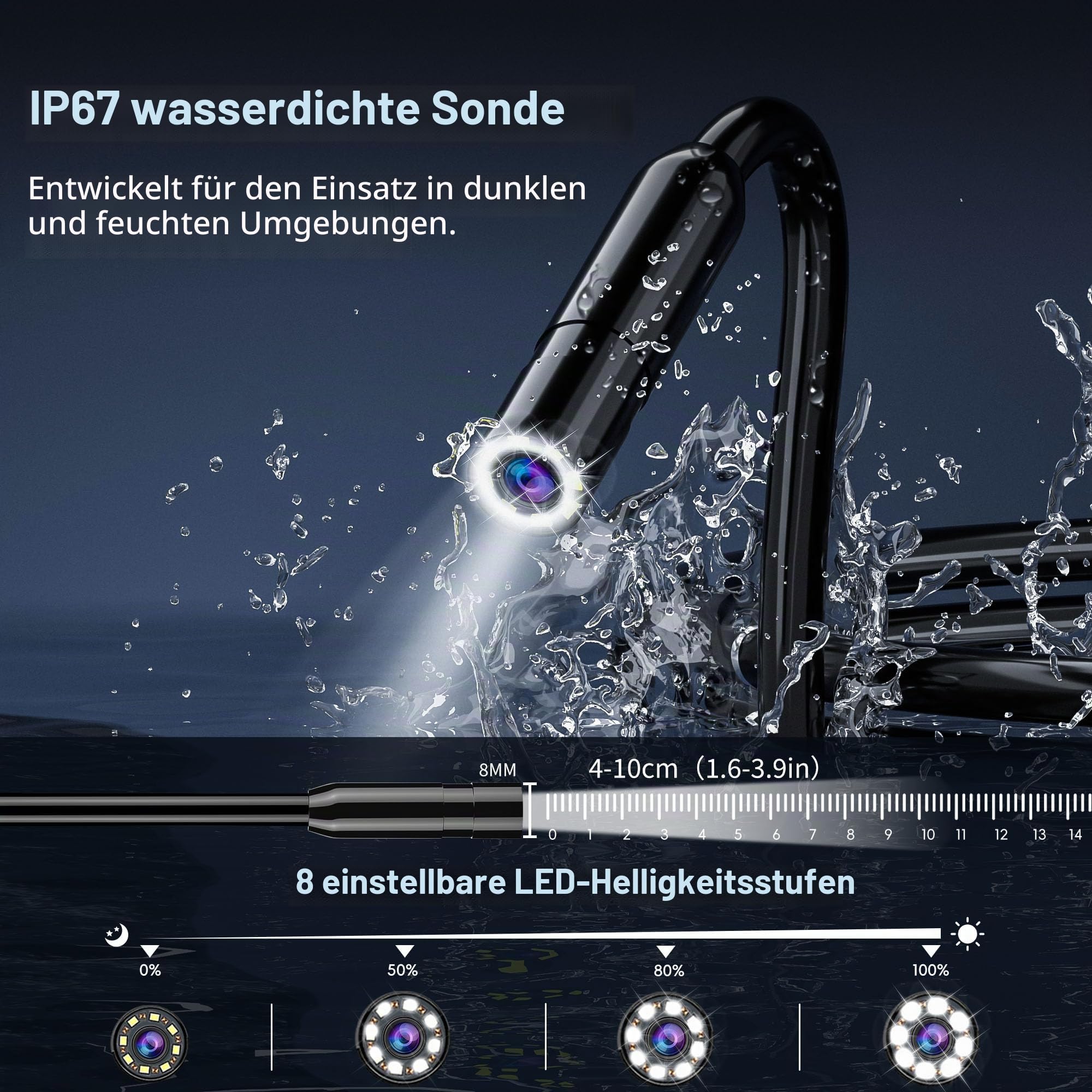 15M Endoskopkamera mit Licht, IP67 wasserdichte Inspektionskamera