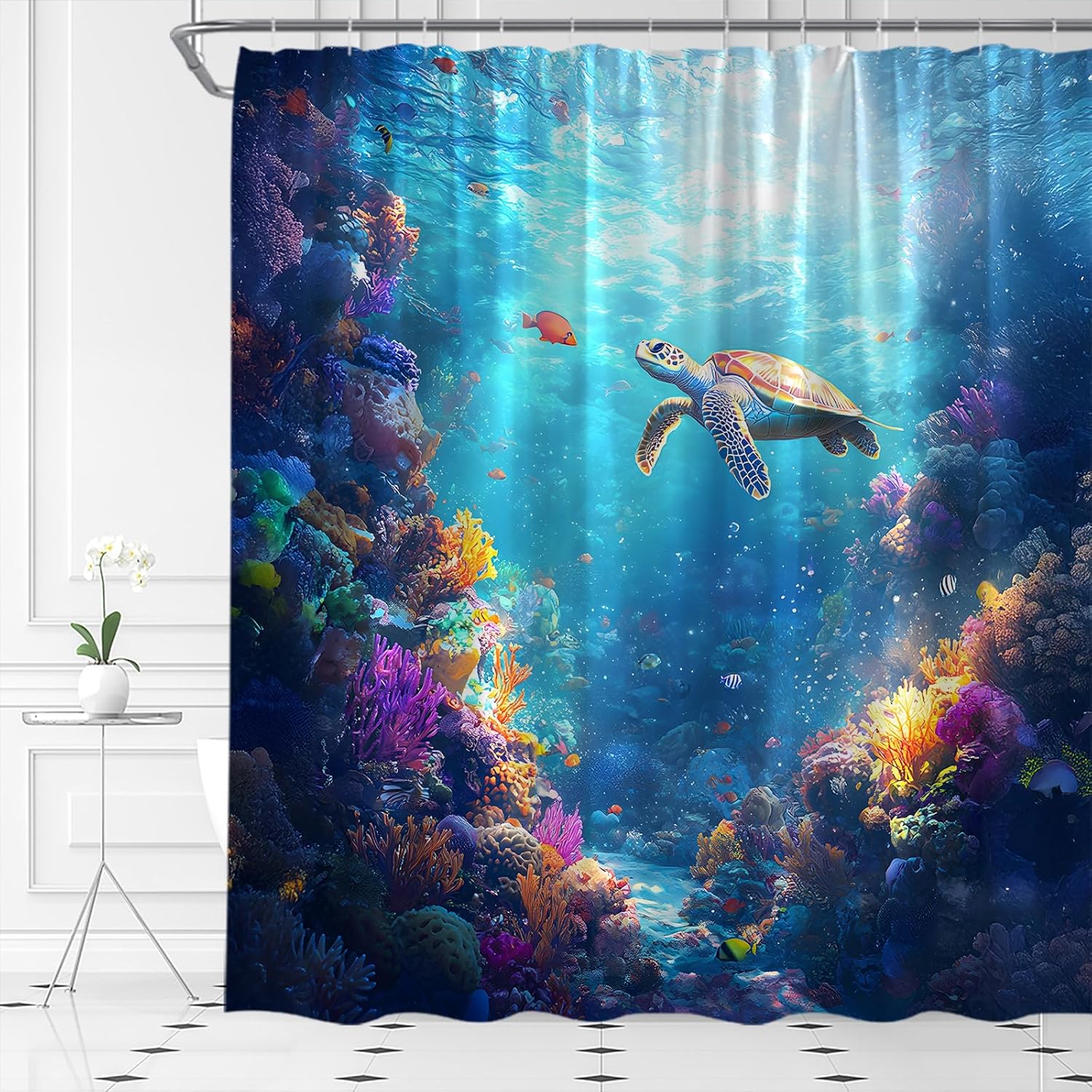 AMFD Sea Turtle Shower Curtain Underwater World Ocean Coastal Tropical Fish Coral Marine Life Bathroom Curtains Decor Fabric Set Include Hooks,(70" Wx84 H)
