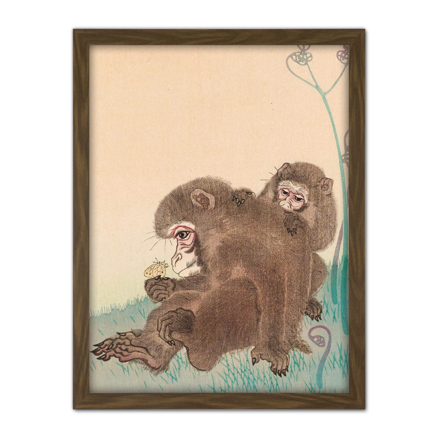 Artery8 Ohara Koson Two Monkeys With Butterfly Painting Artwork Framed Wall Art Print 18X24 Inch
