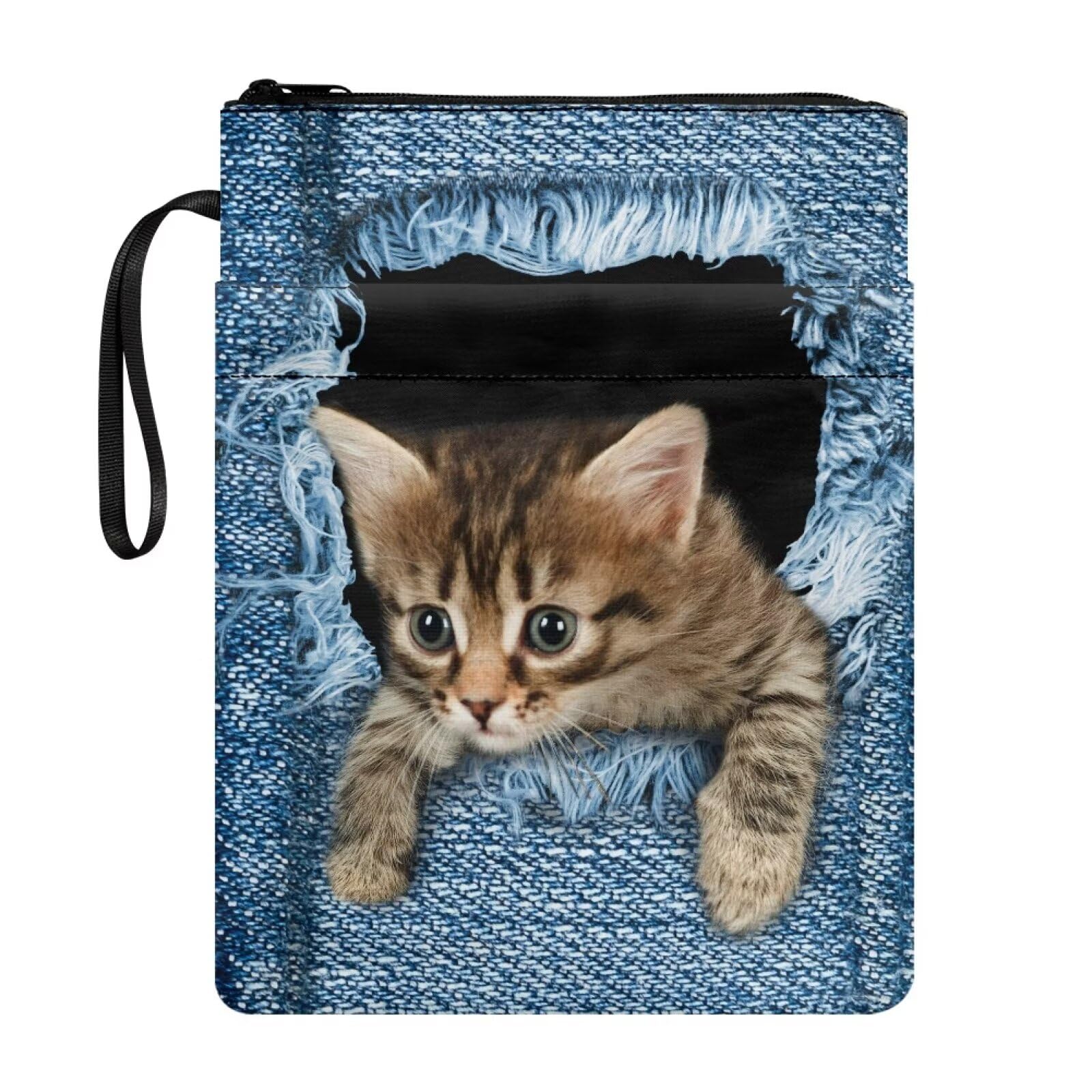 NETILGEN Book Covers with Zipper and Pocket Book Sleeve for Book Lovers Book Case Protector for School Kids Boys Girls Purse, Denim Cat — image 1