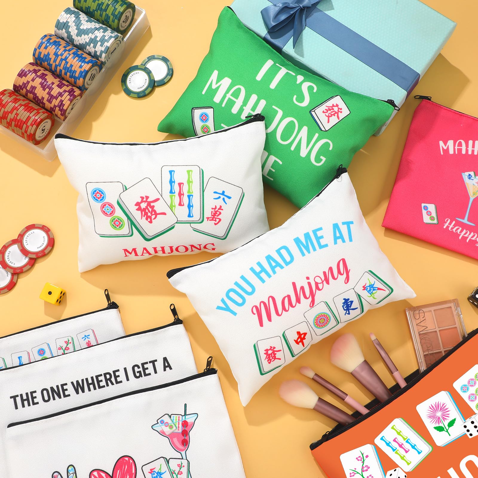 9 Pcs Mahjong Cosmetic Bag Gifts for Women Mahjong Makeup Bag Mah Jong Zippered Pouch for Lover Player Mothers Birthday Party Lucky Mah Jong Gift Coquette Accessories (Styles 1)