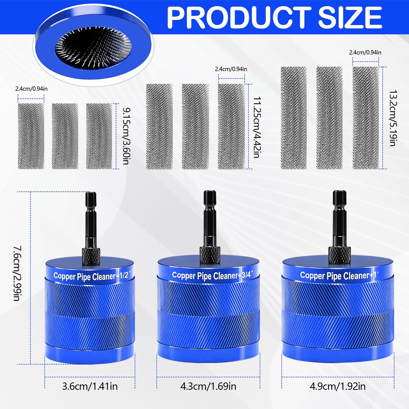 Limpiador De TuberíAs De Cobre, Cepillo Multifuncional De 15 Mm 22 Mm 28 Mm Para Limpiar TuberíAs De Cobre De 1/2" 3/4" Y 1" Con VáStago Hexagonal De 1/4" Y 3 Cuchillas Para Eliminar óXido (Azul)