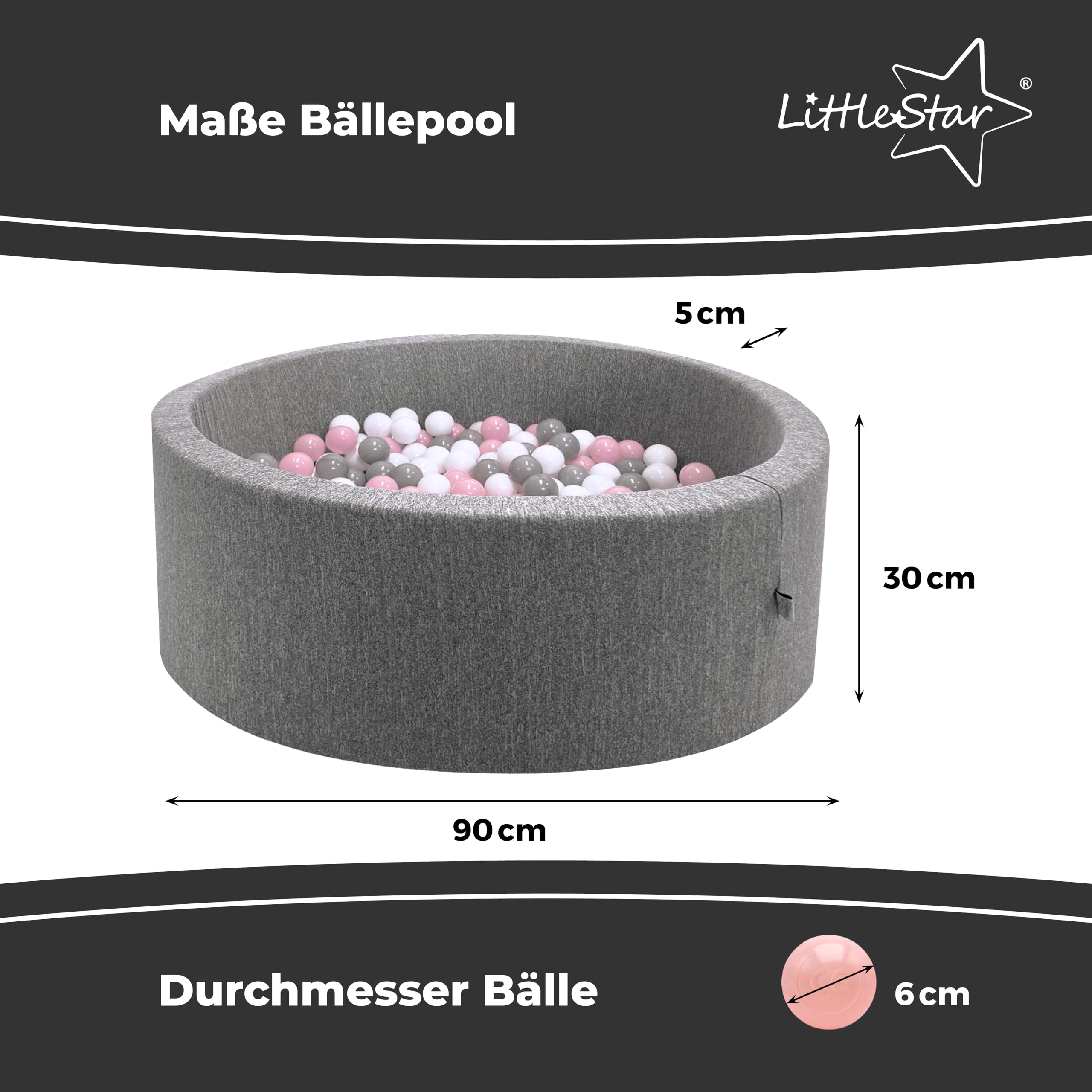 LittleStar® Bällebad mit 250 BPA-freien Bällen für Babys & Kleinkinder ab 10 Monaten | Geprüfte Sicherheit | Waschbar & Rutschfester Boden | grau, 90 x 30 cm, rund | Bälle: Mint-grau-weiß