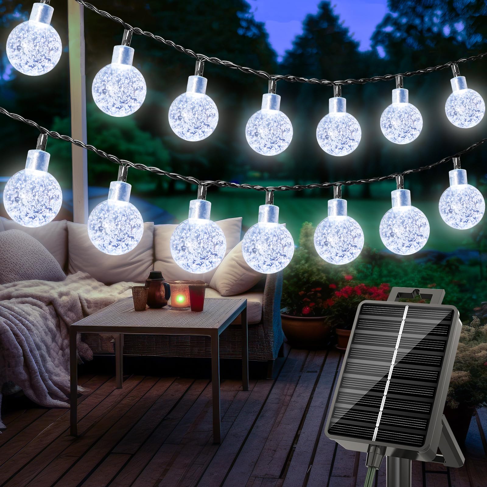 litogo Solar Lichterkette Aussen, 15M LED Lichterkette Außen Solar Wetterfest, 8 Modi Kristall Kugeln mit Memory-Funktion, Solarlichterkette Outdoor für Balkon, Garten, Terrasse, Partys, Kaltweiß