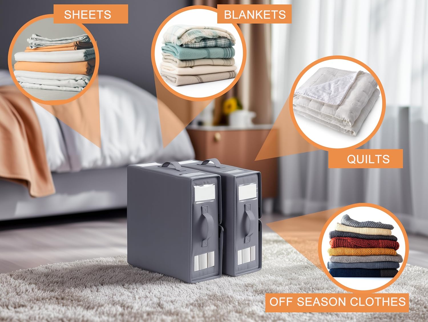 combocube 3 Pack Comforter Storage Bag and 4 Pack Bed Sheet Storage Organizer