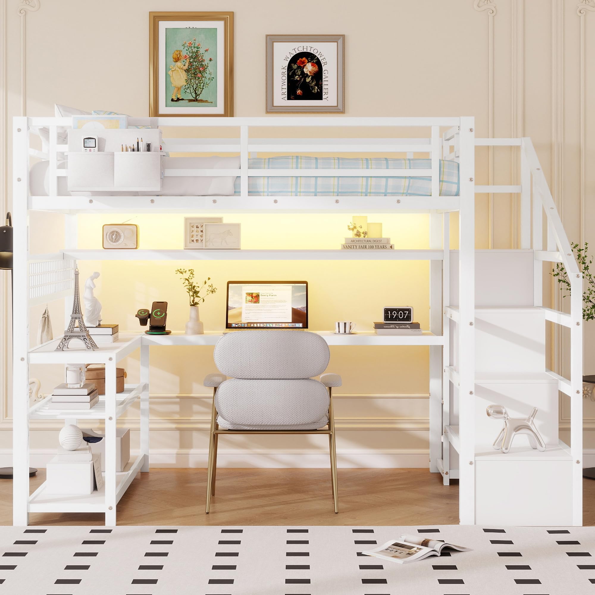 KEIKI Full Size Loft Bed with Storage Shelves & Wardrobe, Heavy Duty Tall Loft Beds Frame, Metal Loft Bed with Staircase, Desk, Lights and Charge Station, No Box Spring Required, Easy Assembly, White